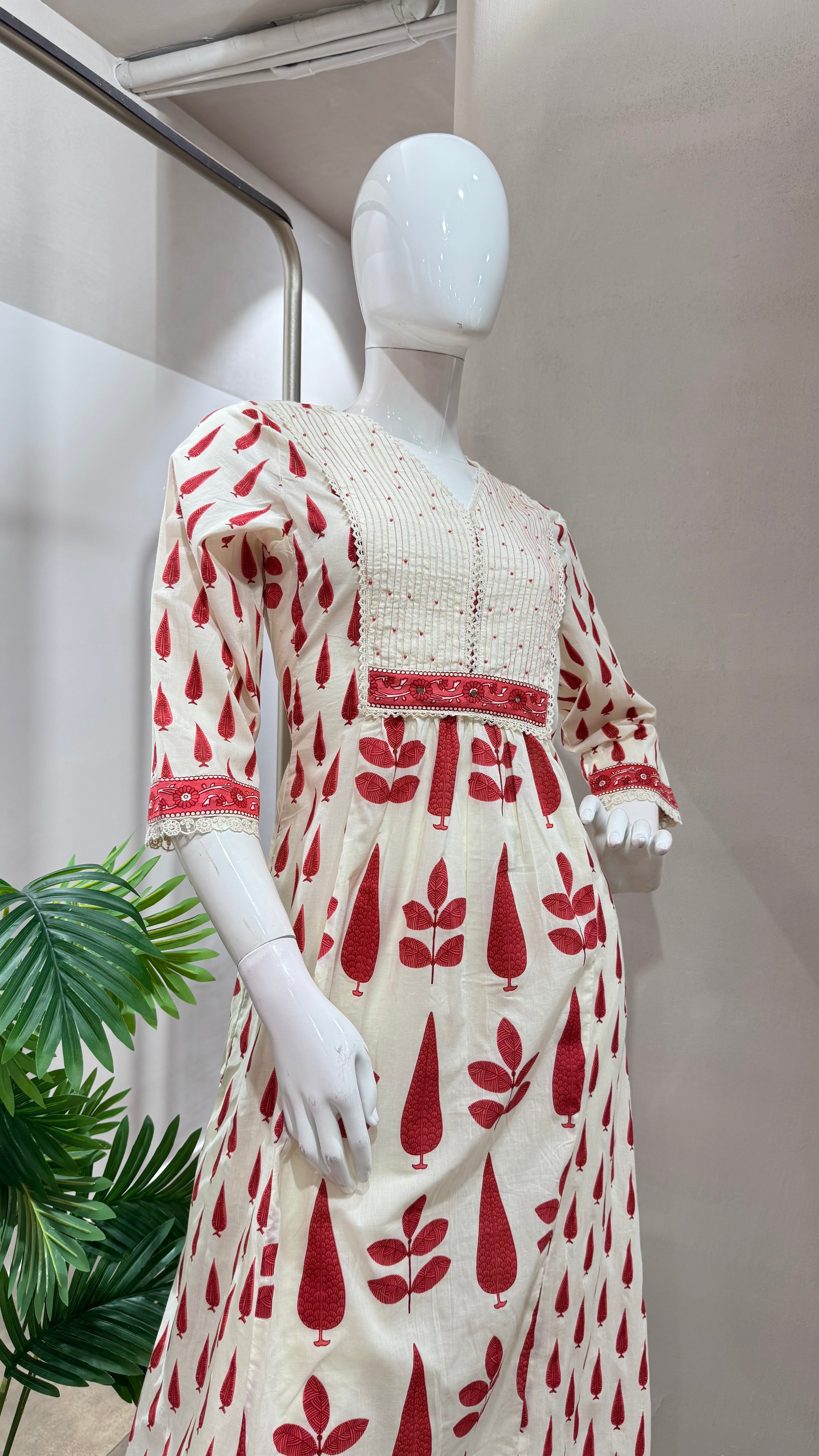 RED AND CREAM ETHNIC PRINTED ANARKALI SET