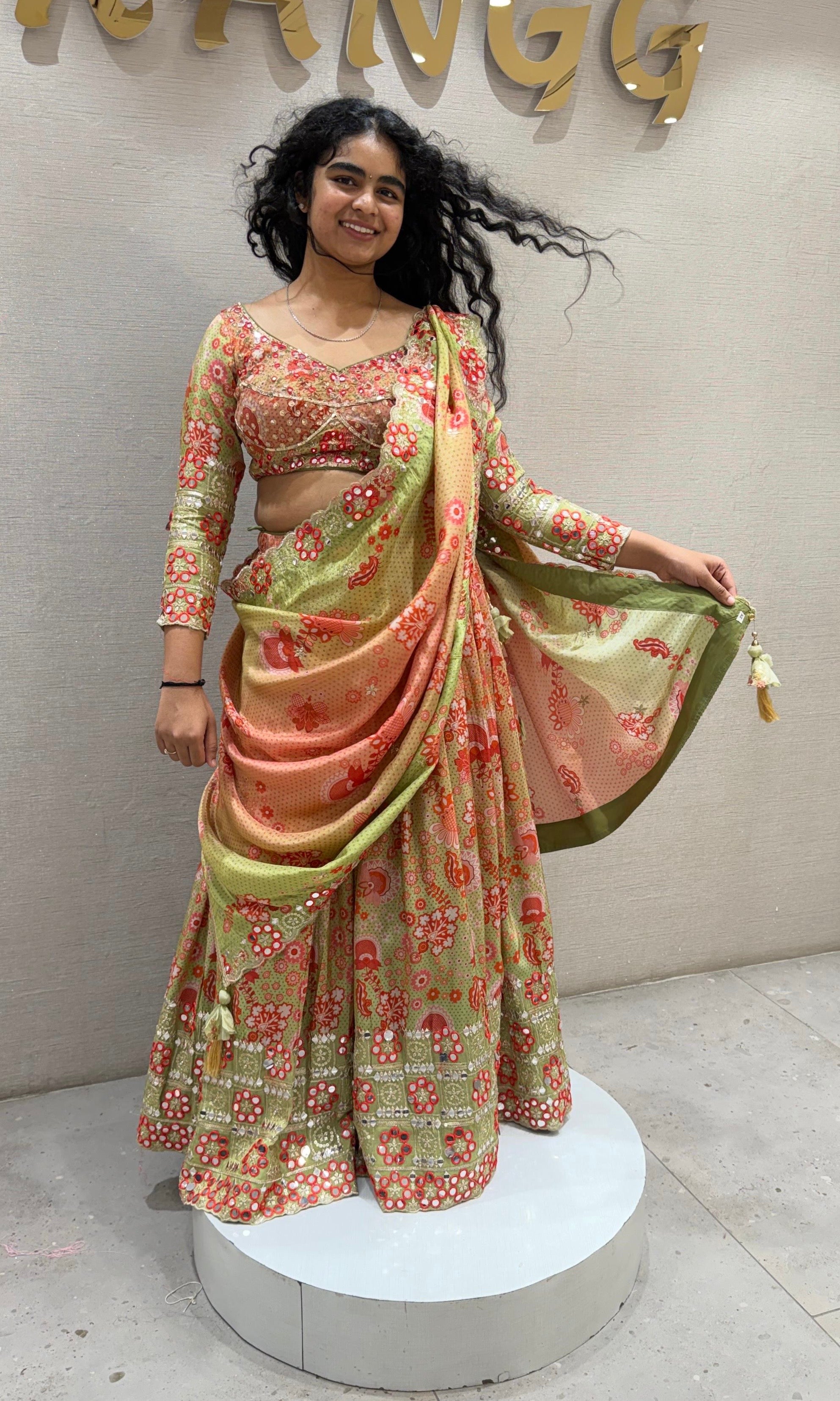 Green Floral Printed Silk Lehenga Choli