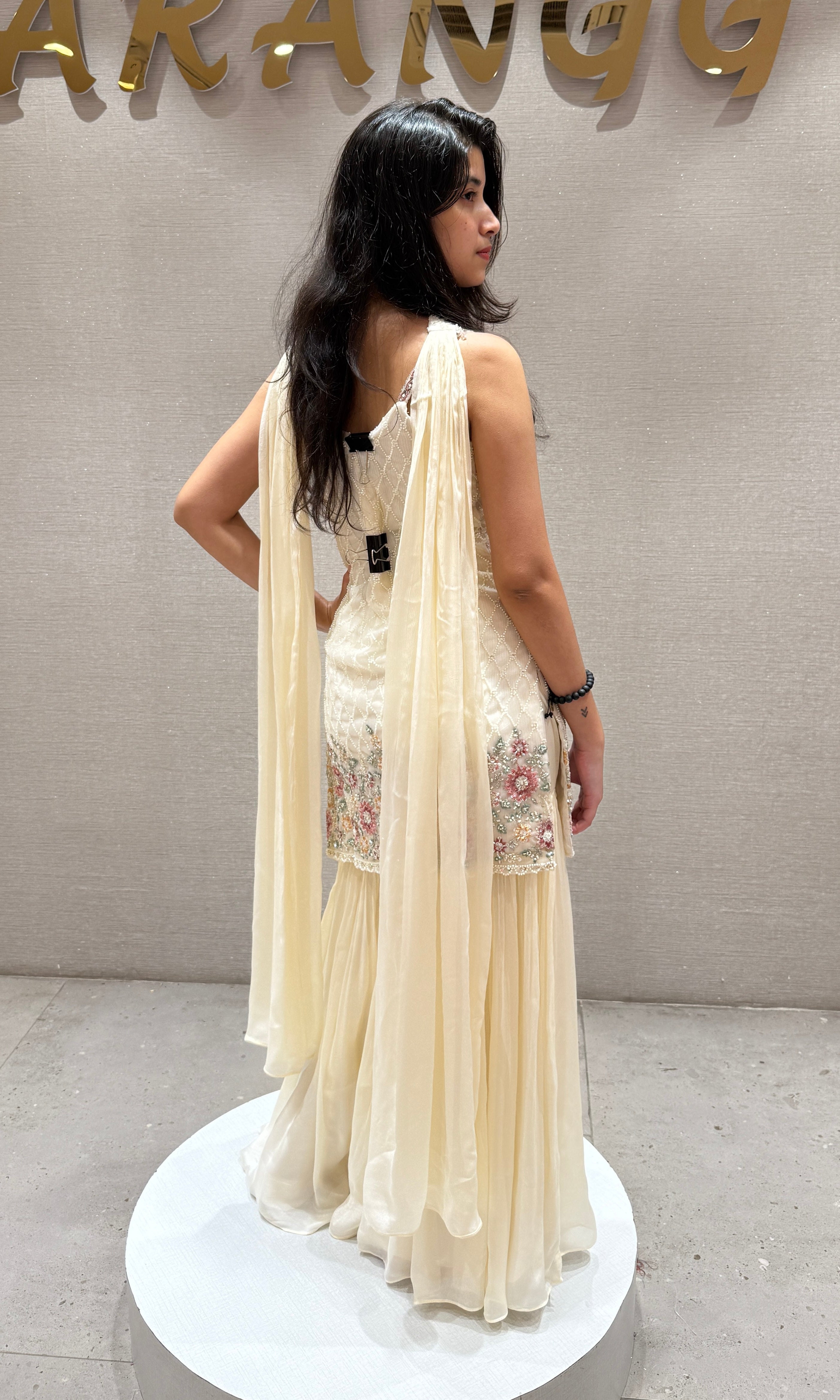 Cream Floral Embroidered Sharara Set