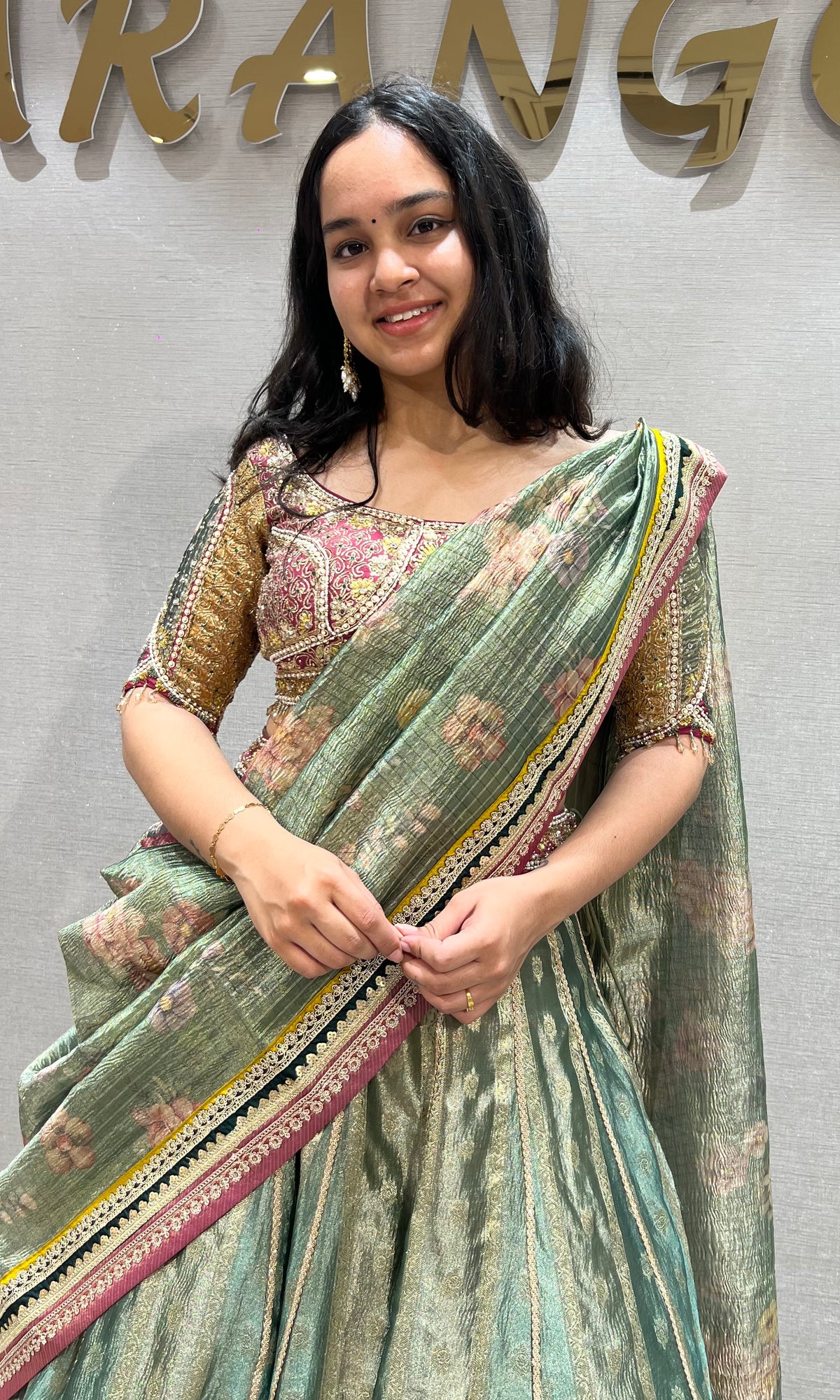 Sage Green raw silk Lehenga Set with Golden Zari Motifs