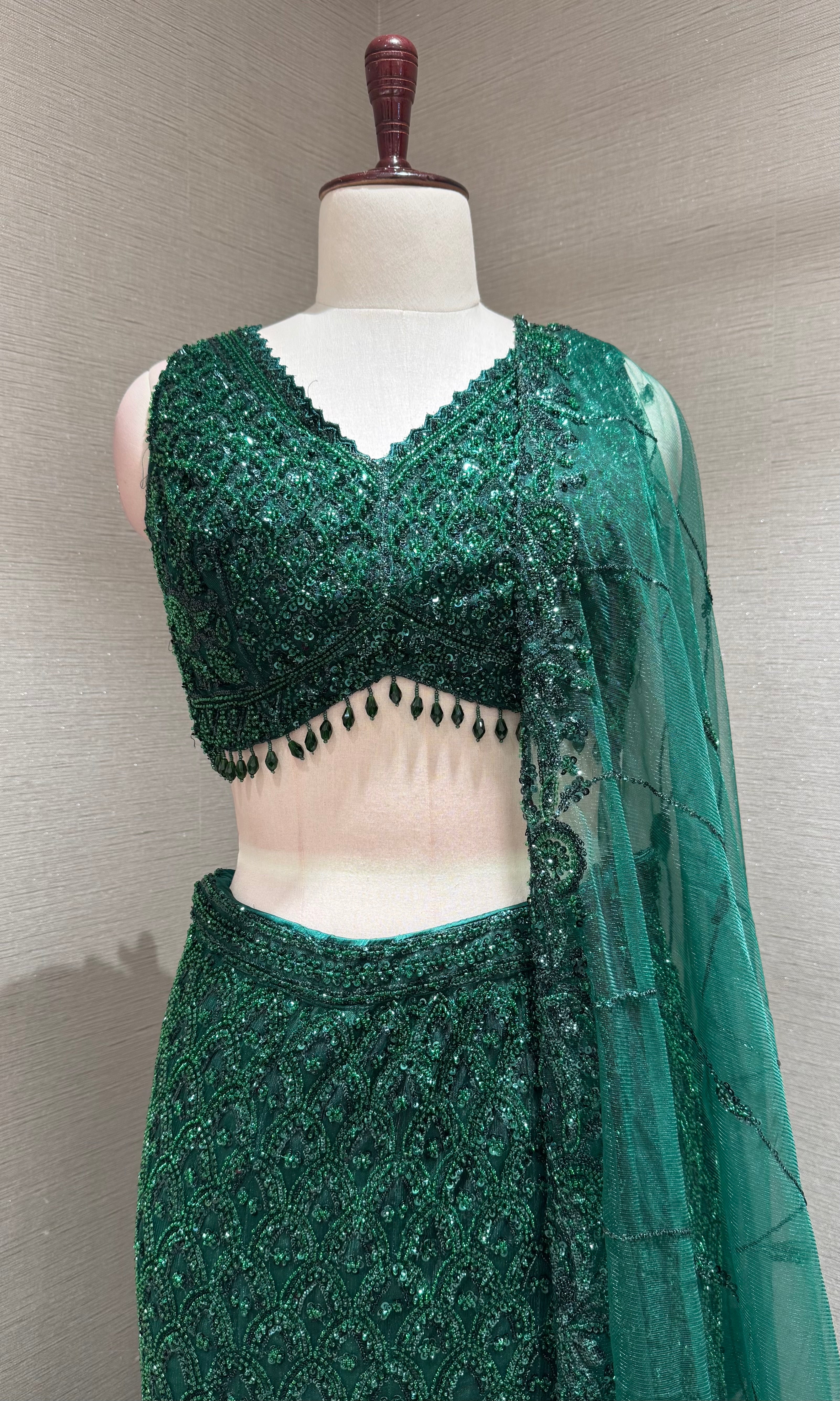 Green Fish Cut Sequined Lehenga Choli Set