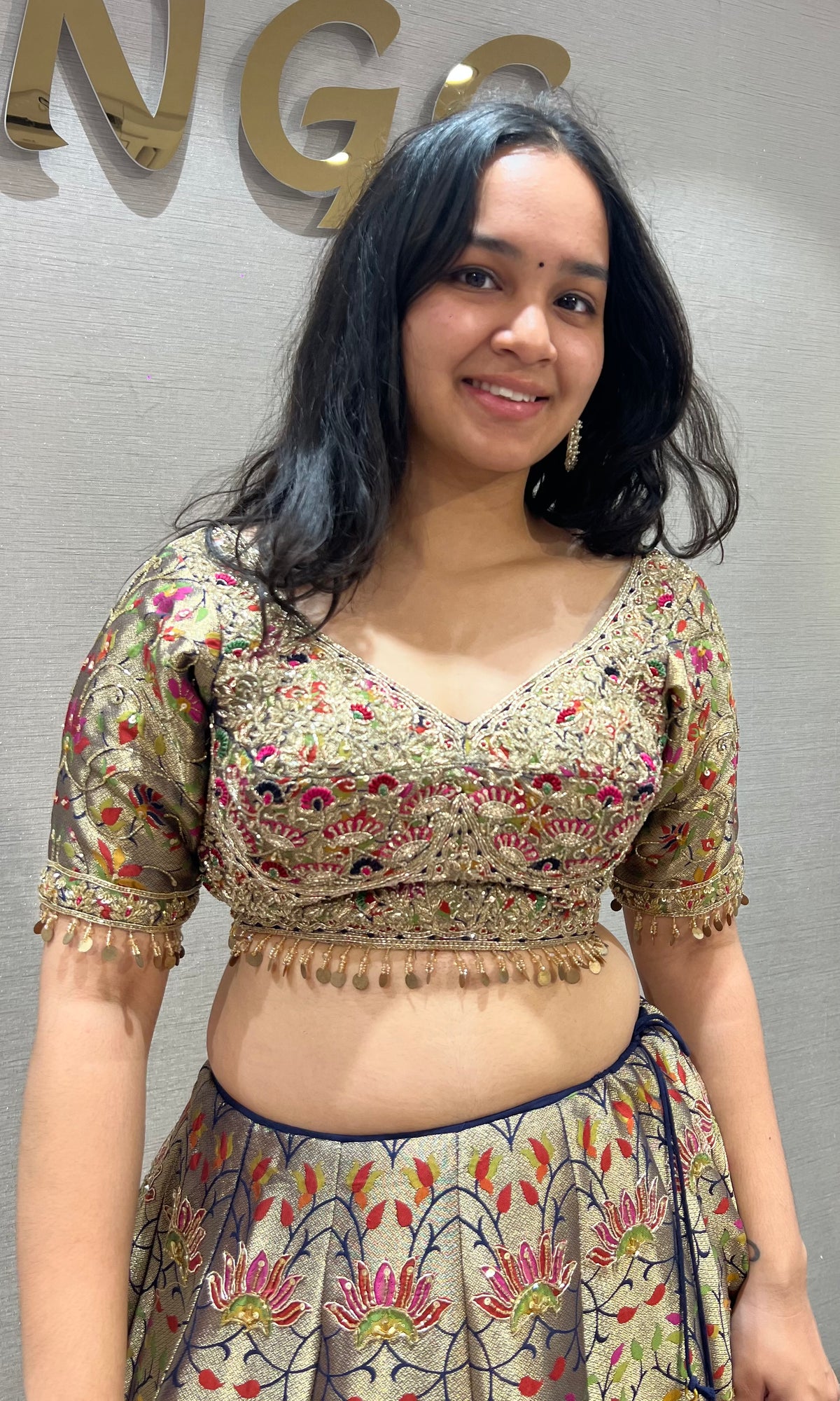 Golden Floral Banarasi Lehenga Set with Navy Blue Silk Dupatta
