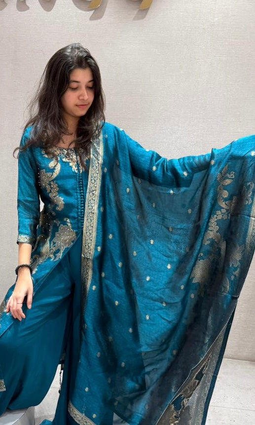Peacock blue front silt Anarkali