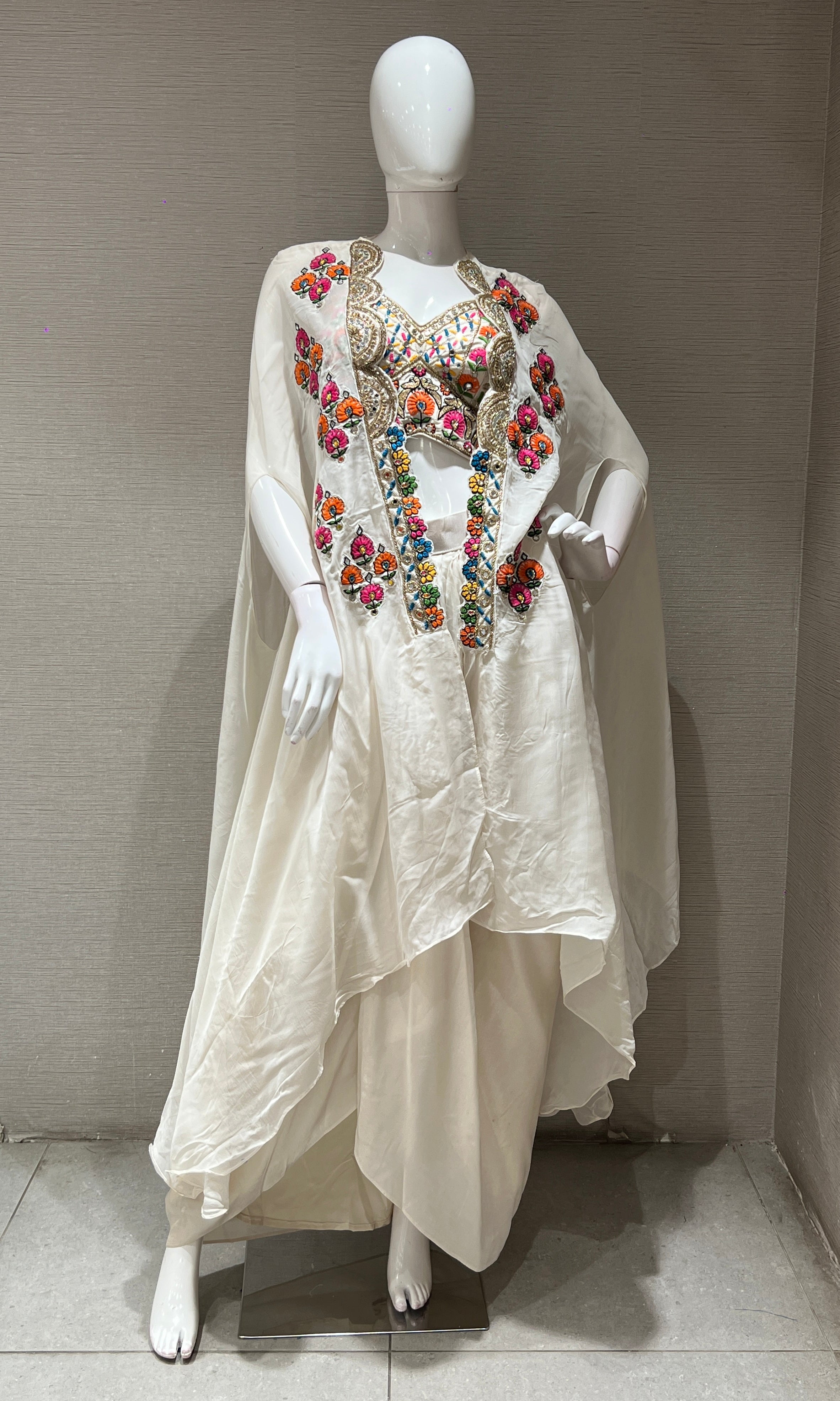 Cream SKIRT WITH FLORAL BLOUSE AND CAPE