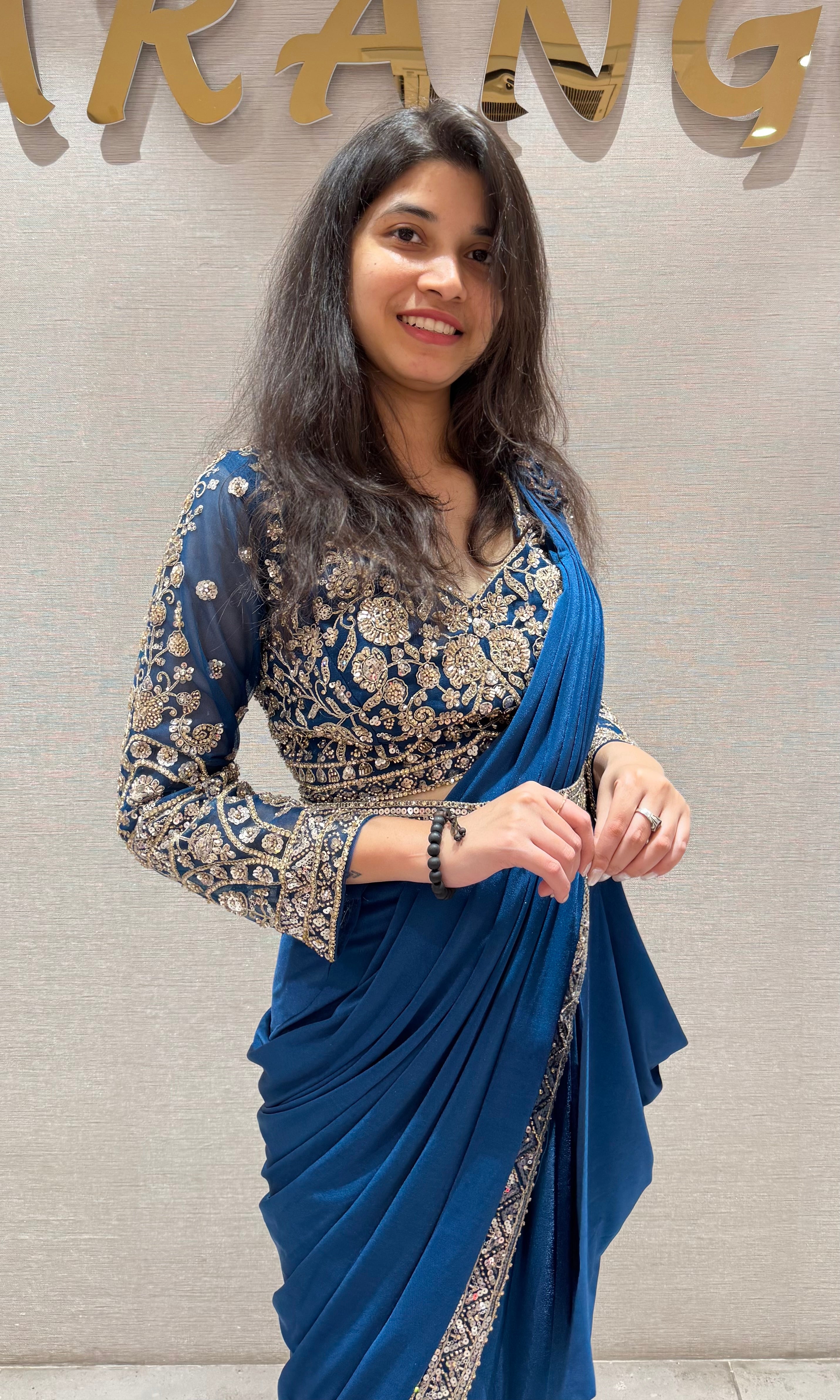 Blue drape saree WITH EMBROIDERED BLOUSE