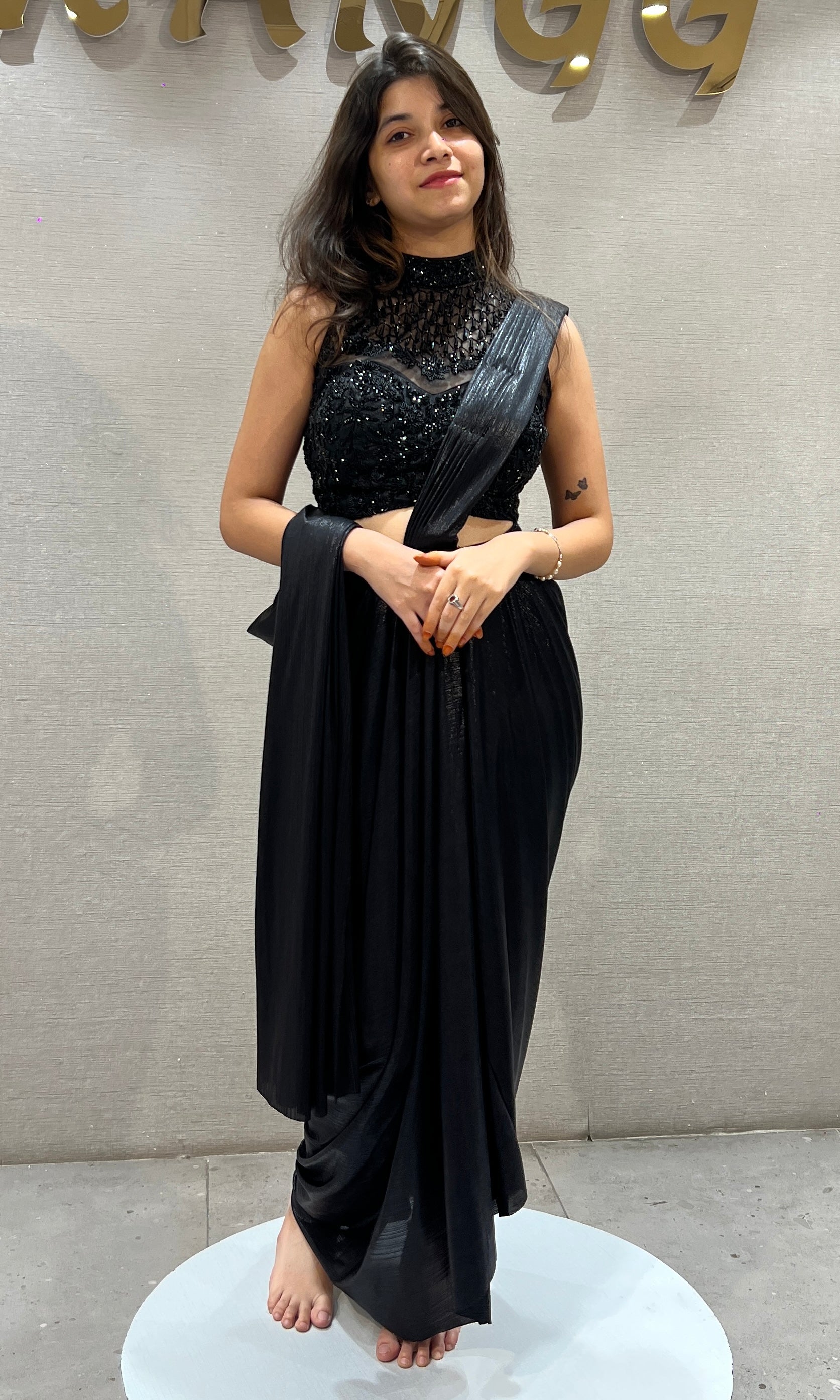 Black Drape Saree with Embellished halter blouse