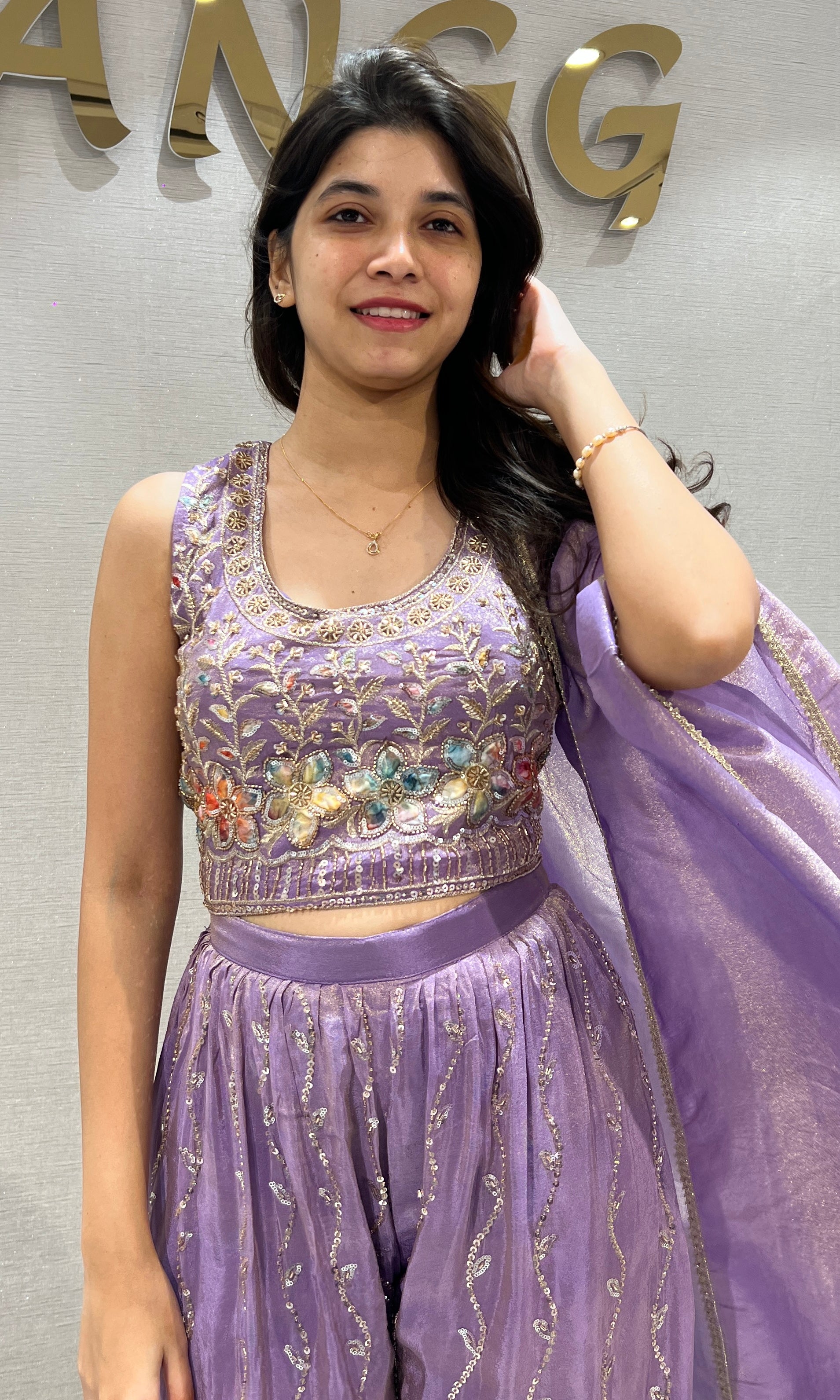 Lilac Embroidered Crop Top Palazzo & Dupatta Set