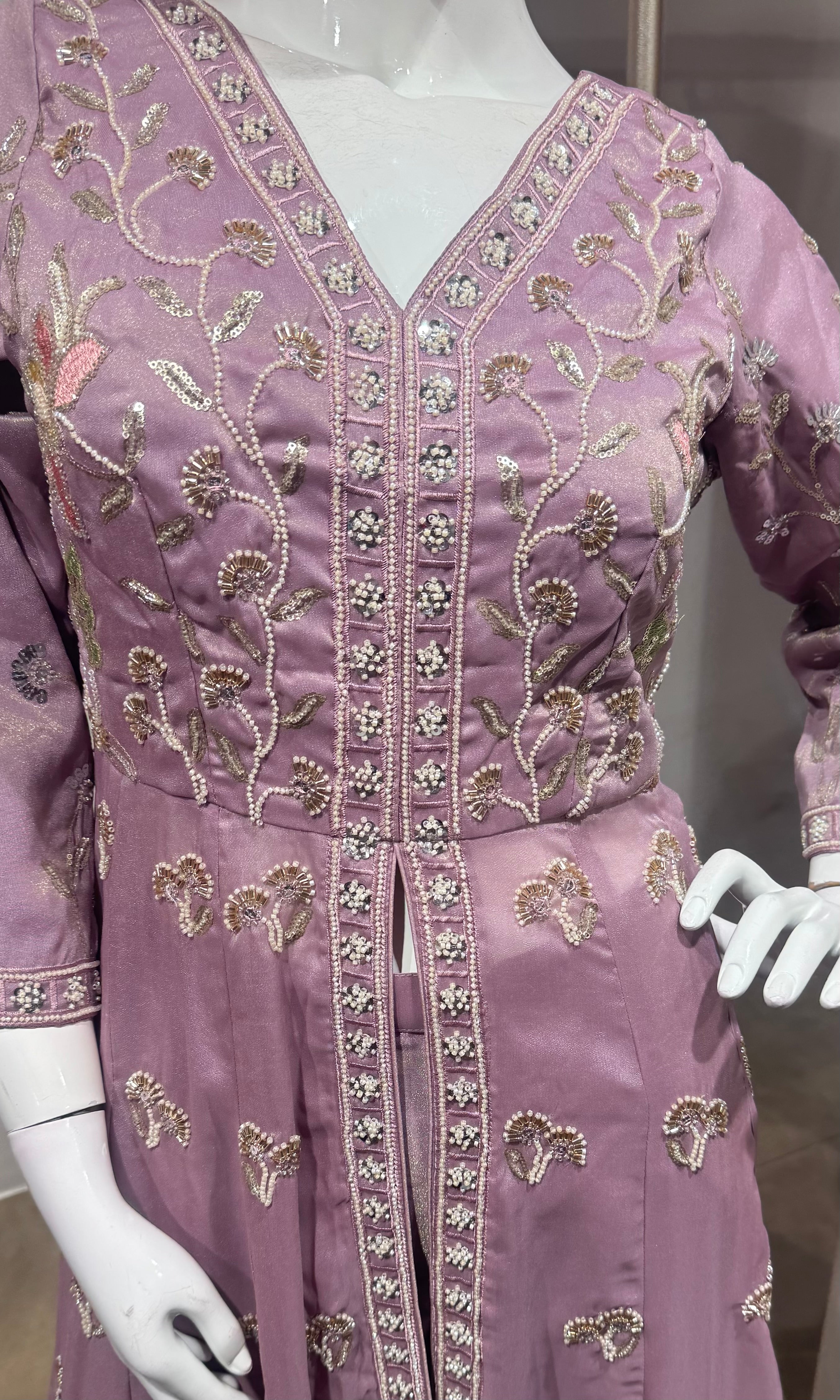 Lavender floral front slit Anarkali set