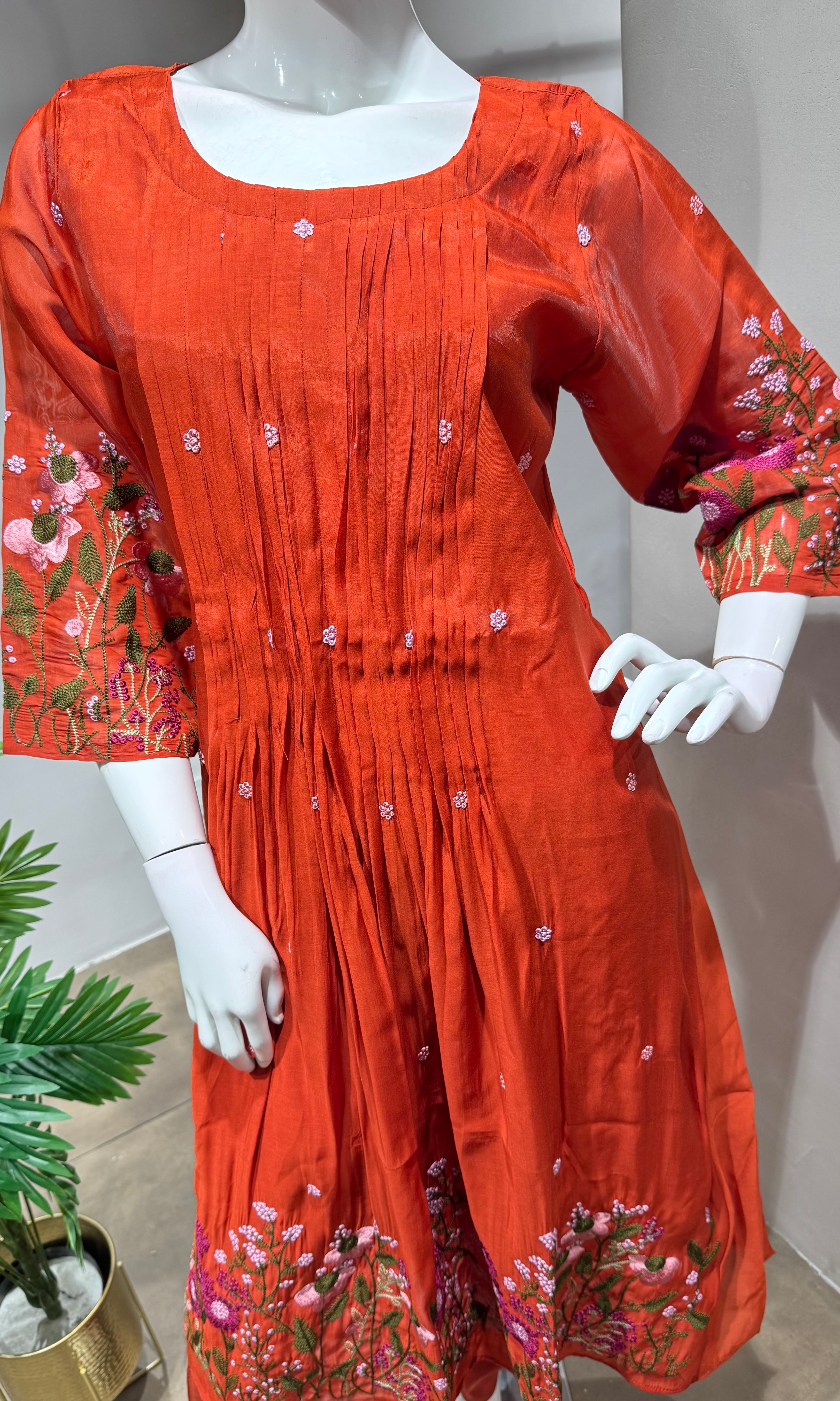 Rust mul chanderi floral embroidery kurta set
