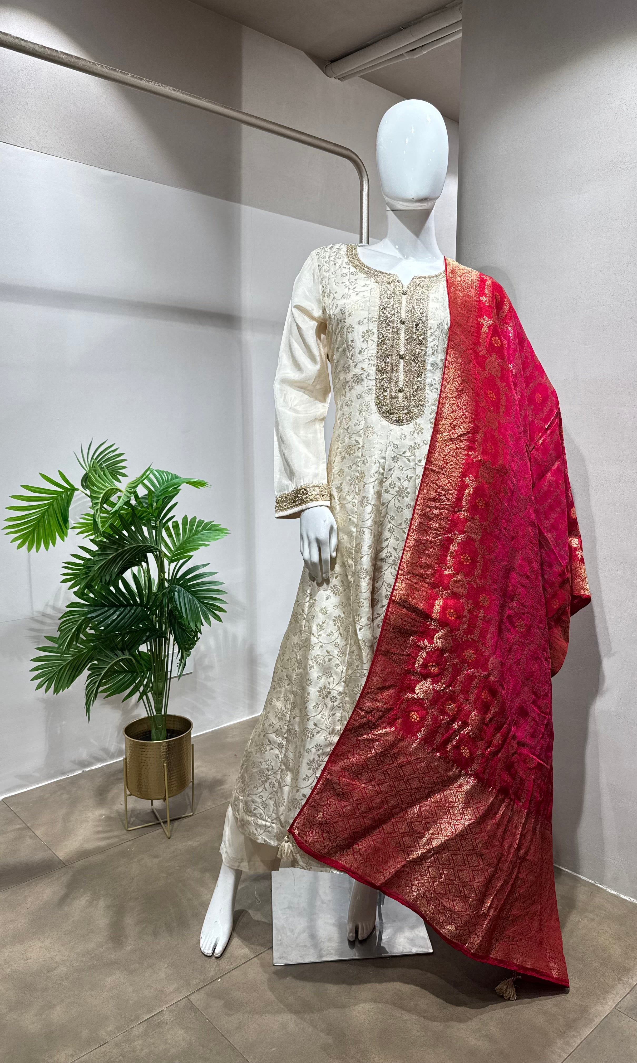 cream Banarasi silk anarkali set