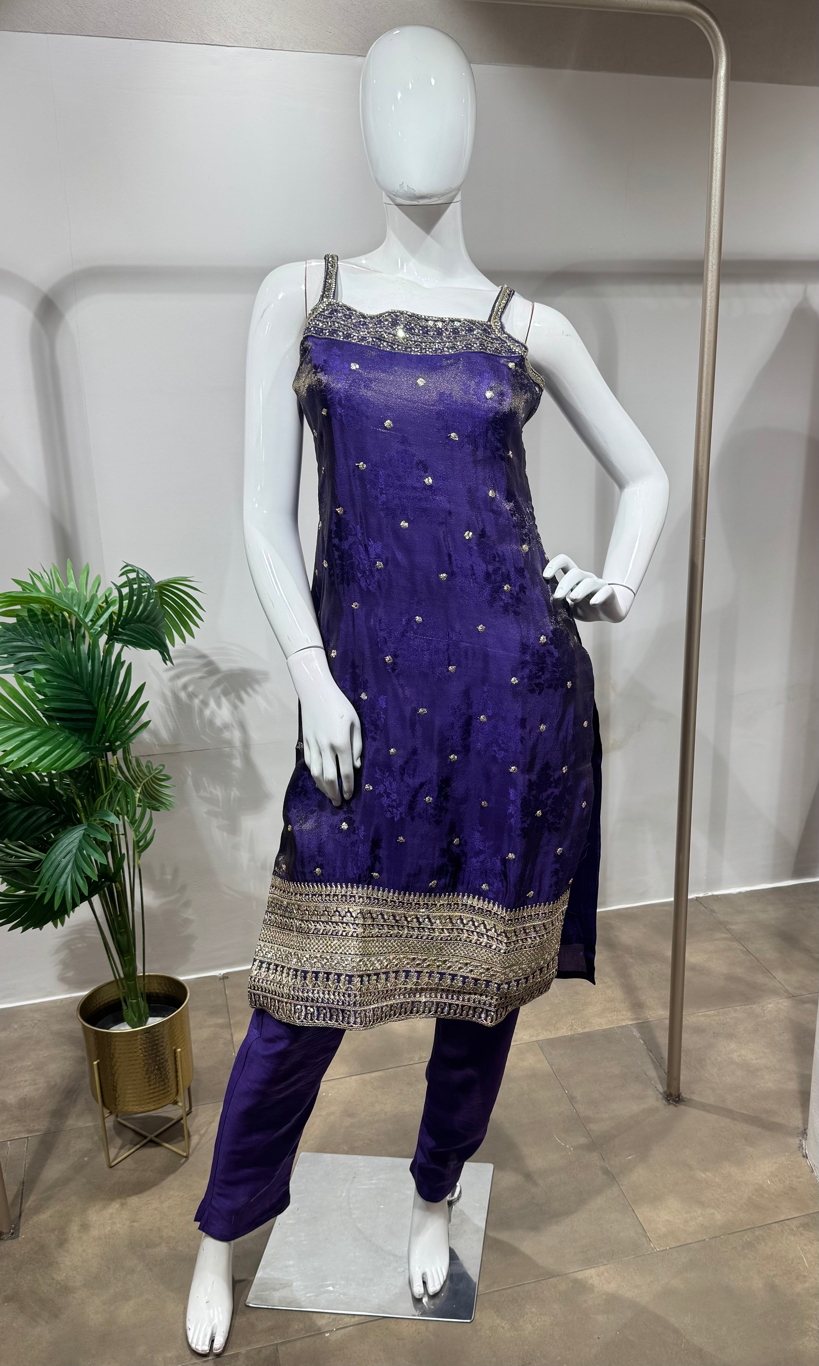 Purple silk embroidered kurta set