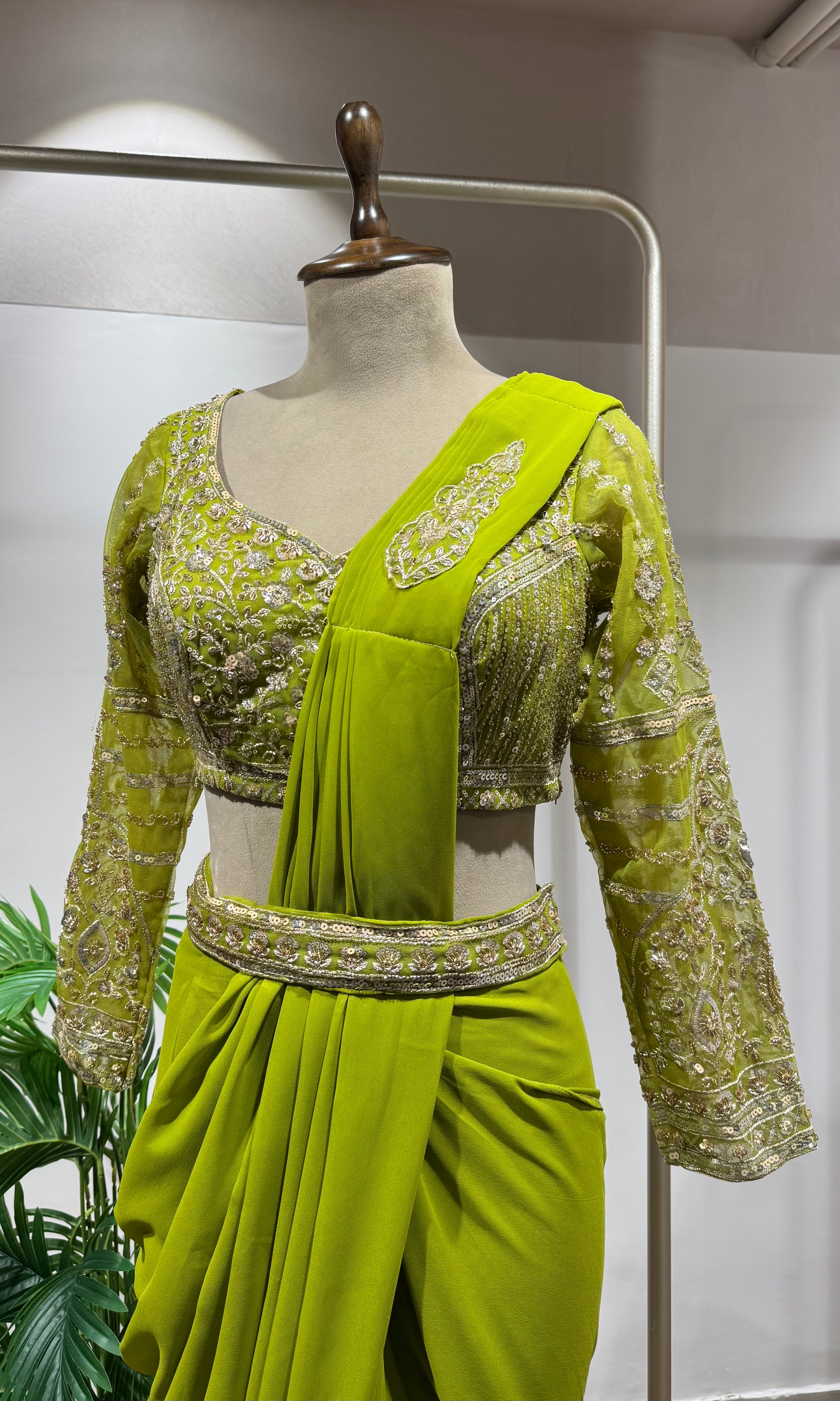 Lime Green Drape Saree WITH BLOUSE & BELT