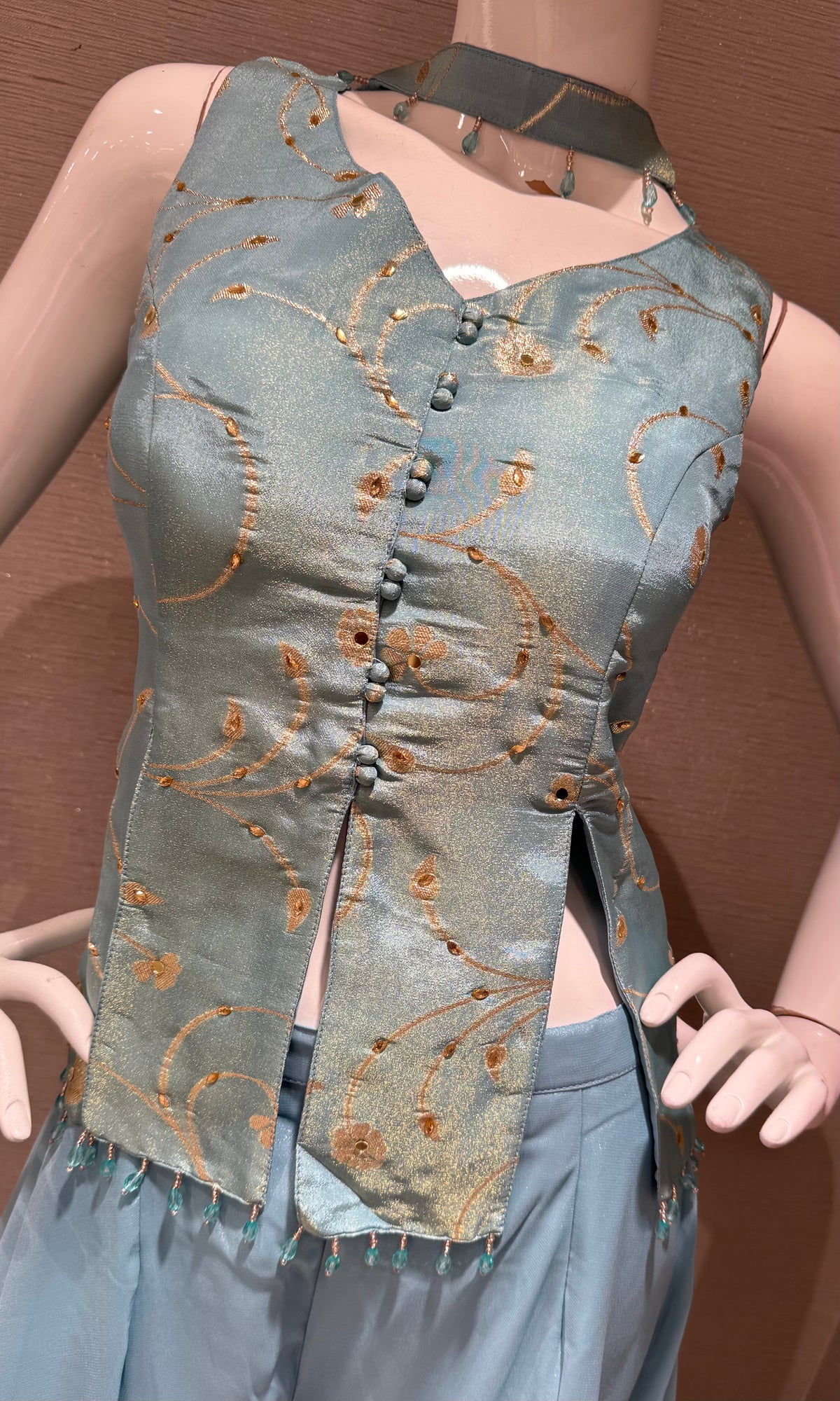 Sky Blue Floral Brocade Top & Georgette Palazzo Set