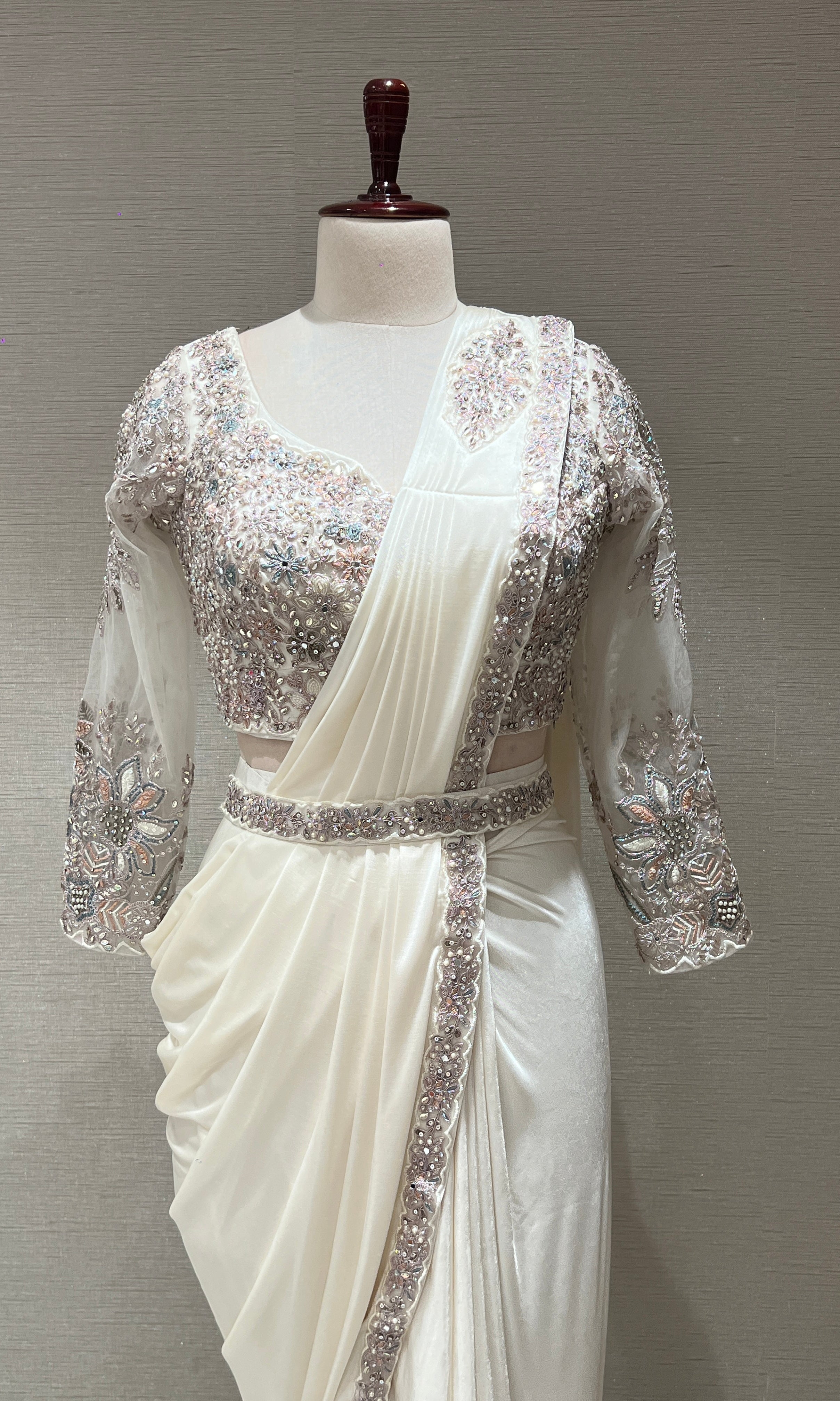 WHITE DRAPE SAREE WITH FLORAL BLOUSE & BELT