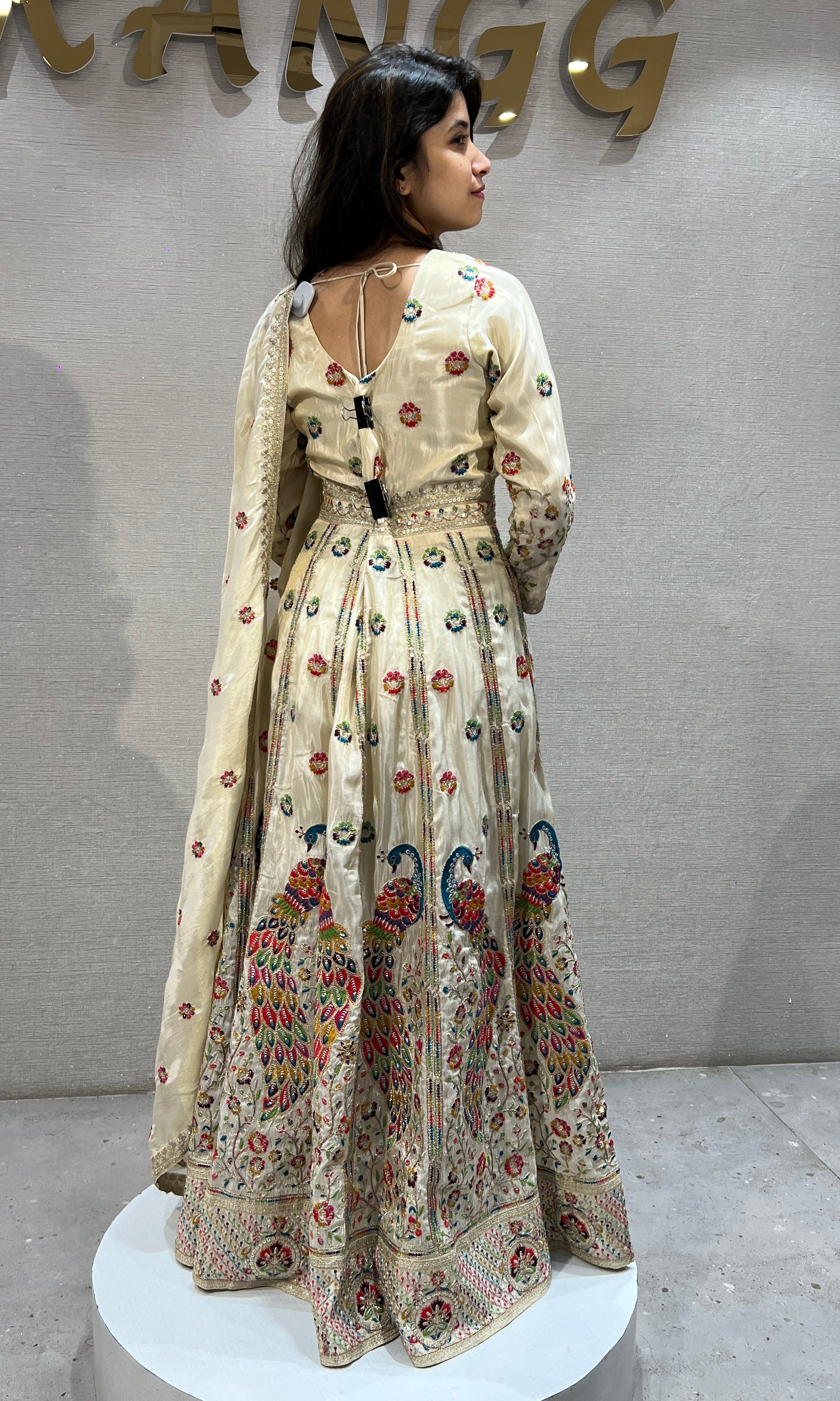 Cream Embroidered Anarkali Set with Flared Skirt