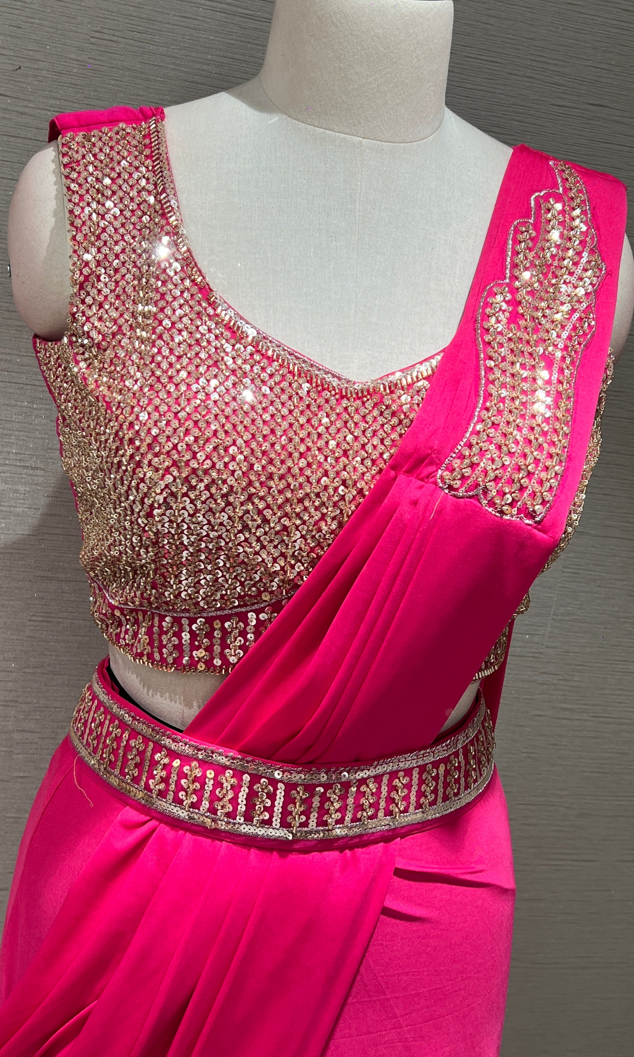 pink drape saree with embroiderY blouse & belt