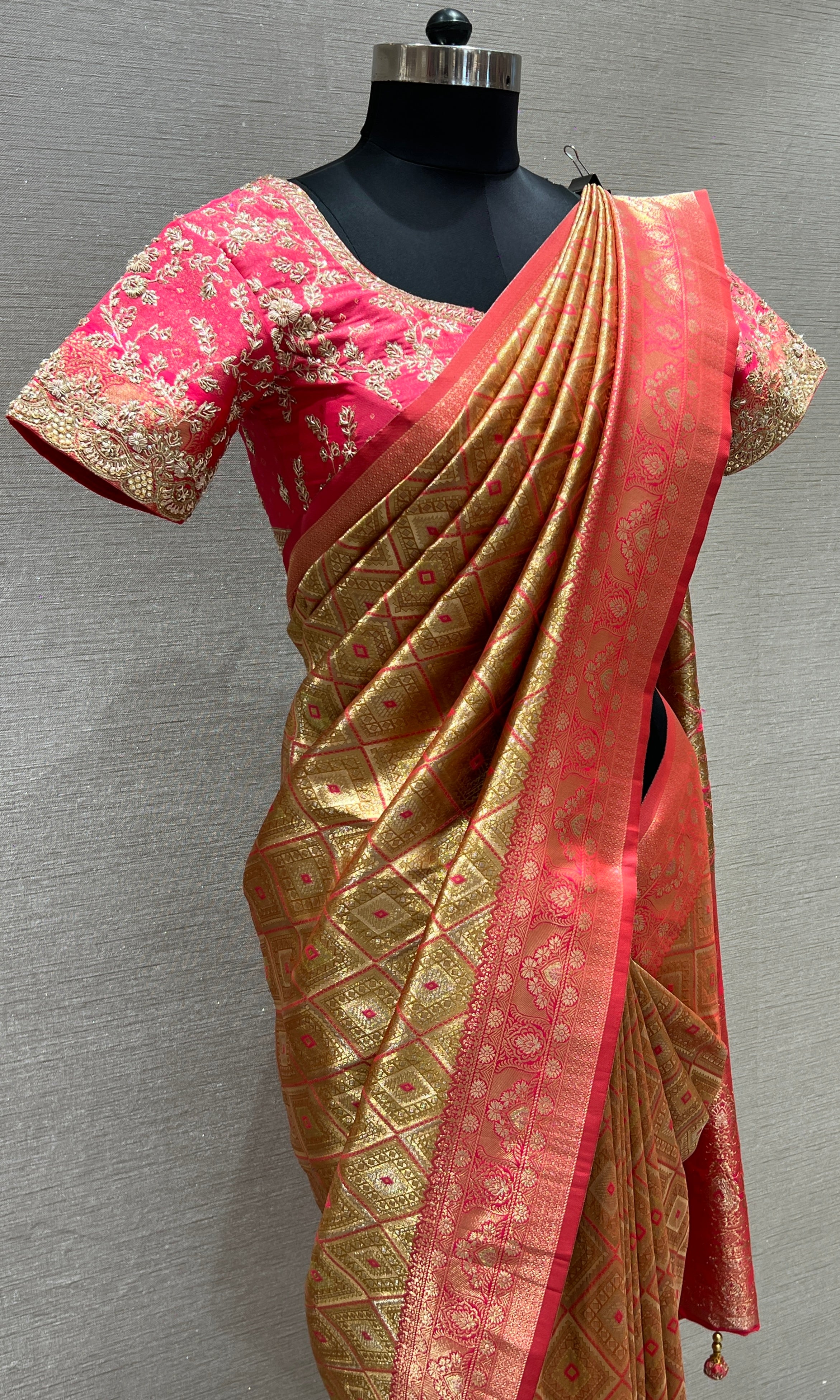Pink saree with ready blouse