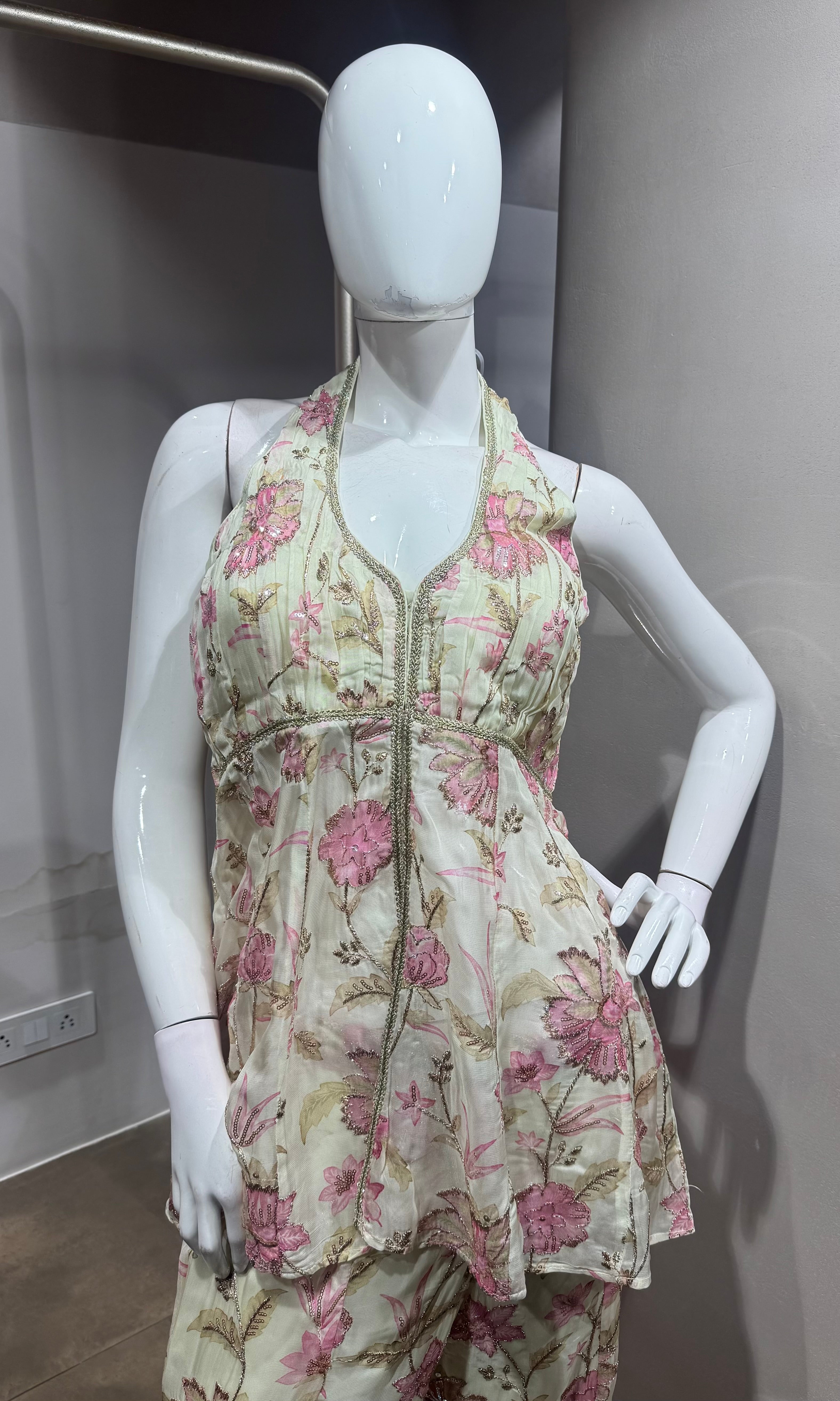 Ivory Floral Halter Peplum palazzo Set