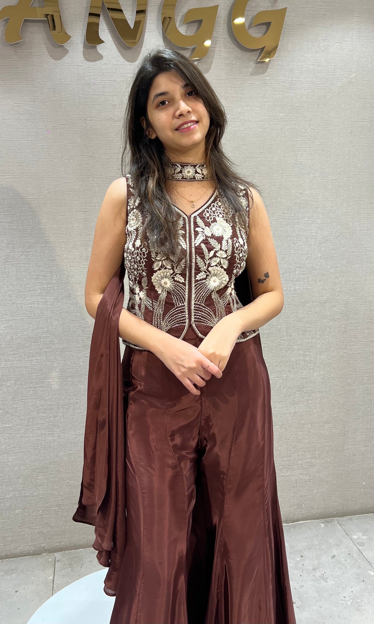 Brown Silk golden floral embroidered peplum palazzo set