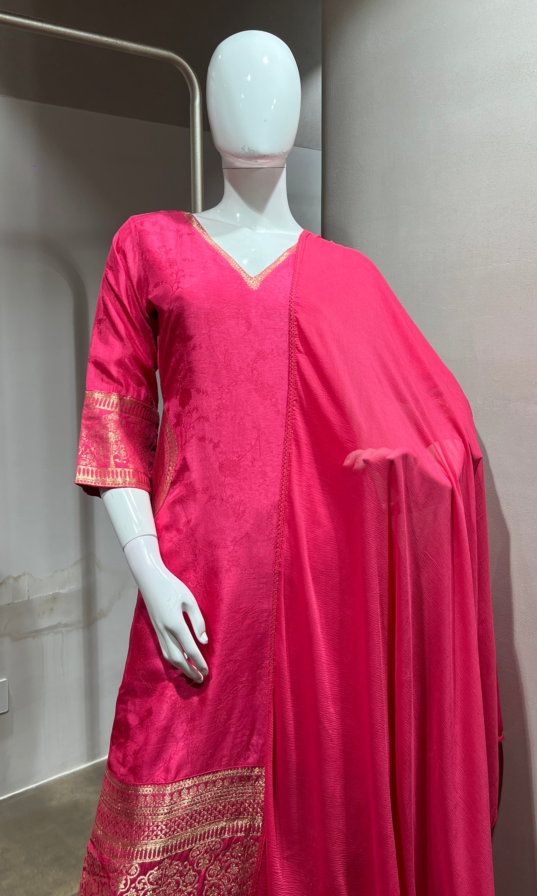 Pink Silk Kurta Set with Banarasi Border
