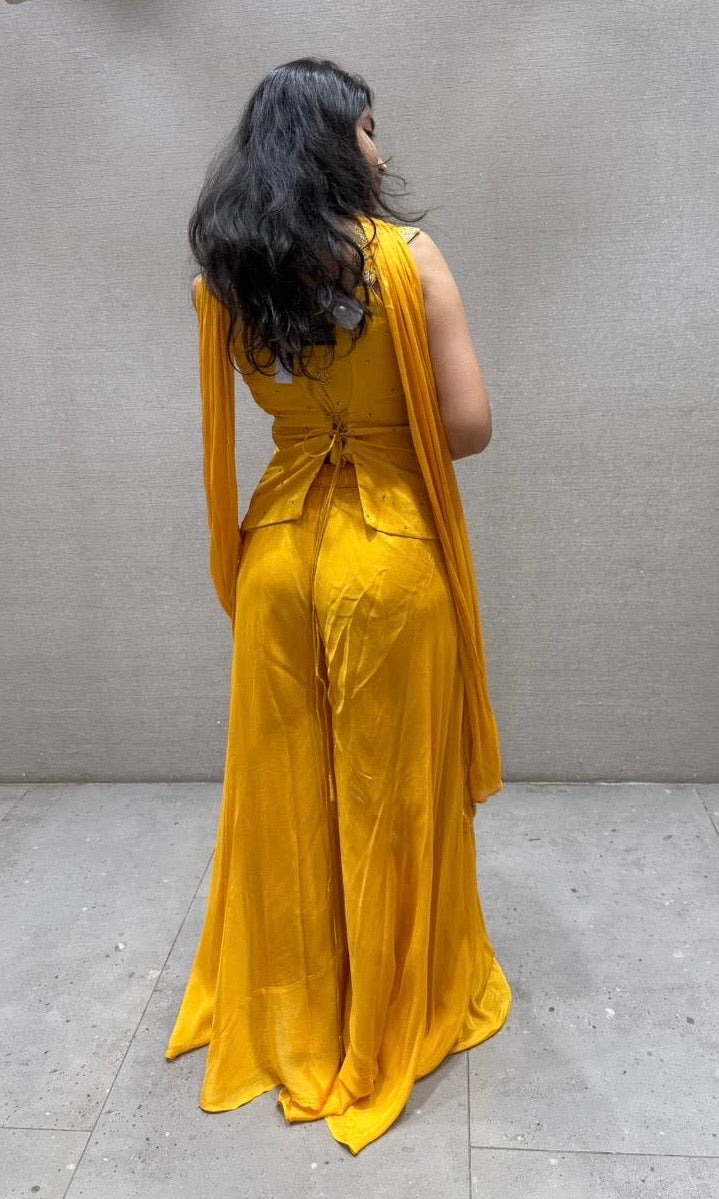 Yellow Embroidered Peplum Palazoo Set