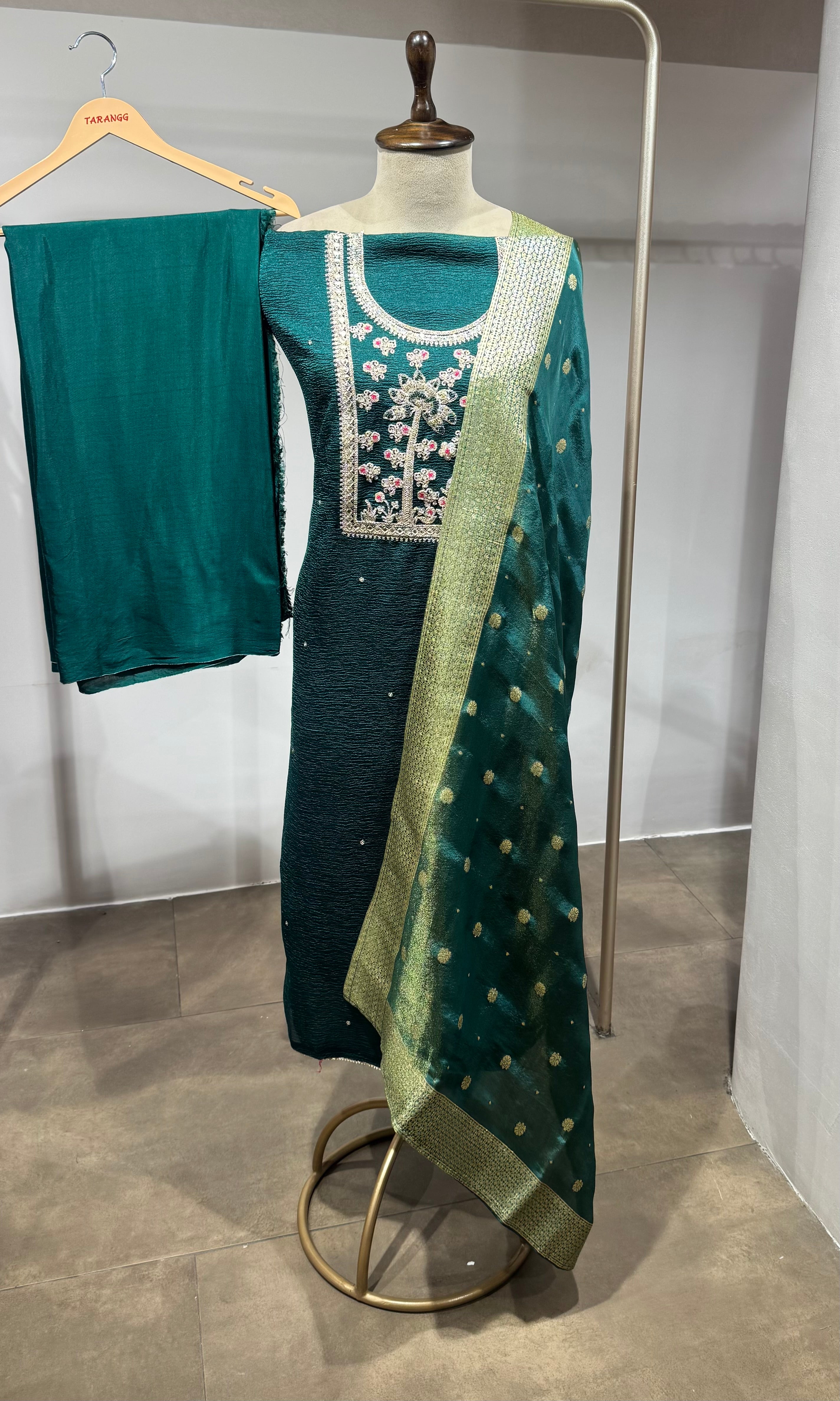 Green ETHNIC DRESS MATERIAL WITH BANARASI DUPATTA