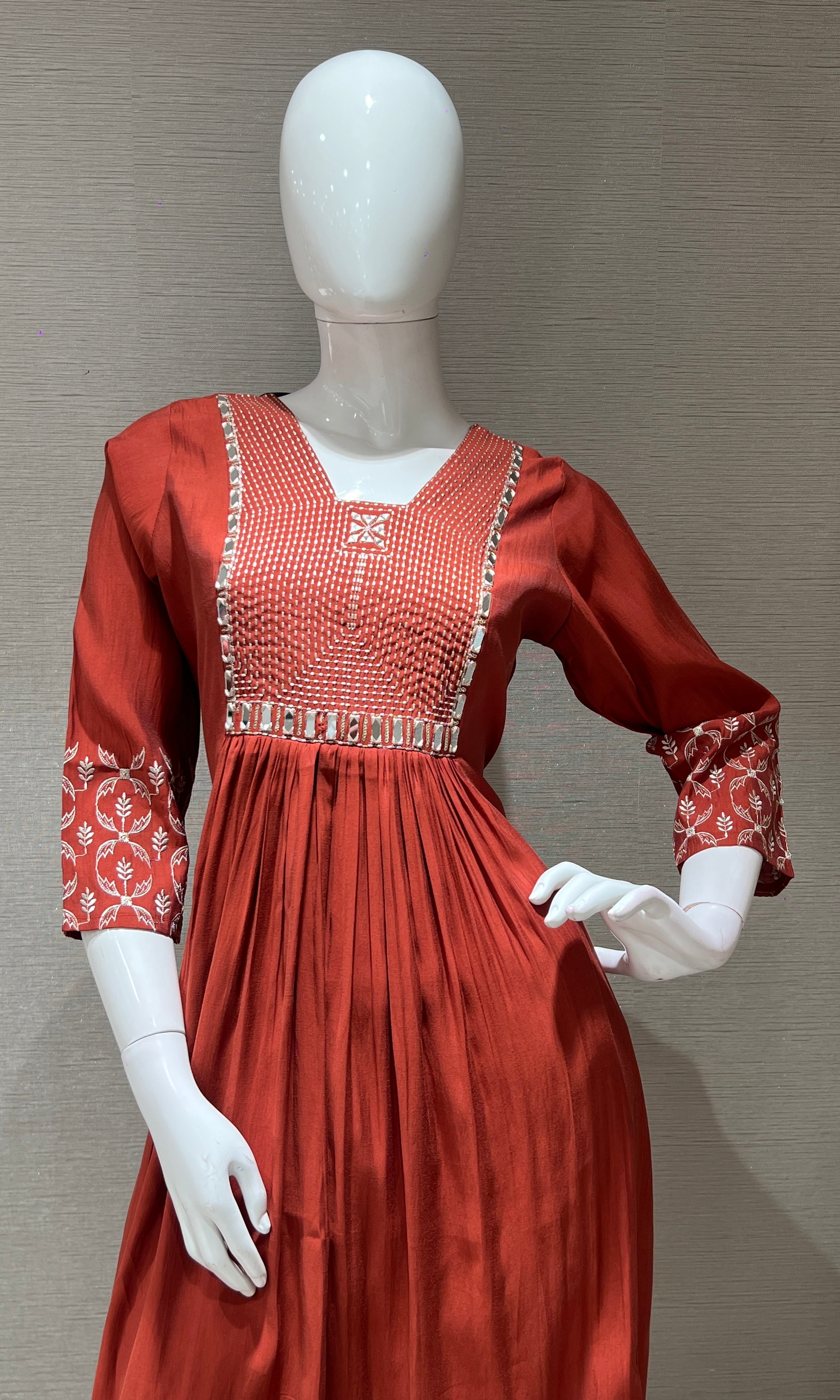 Rust Embroidered Kurta Set with Print Dupatta