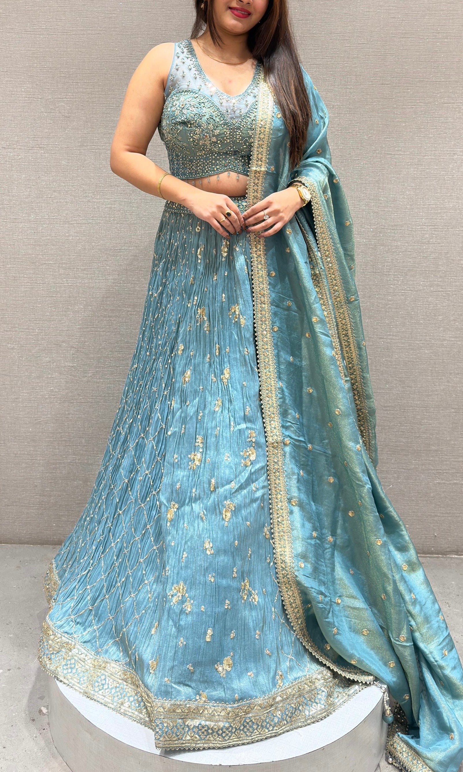 Blue tissue gold embroidered lehenga