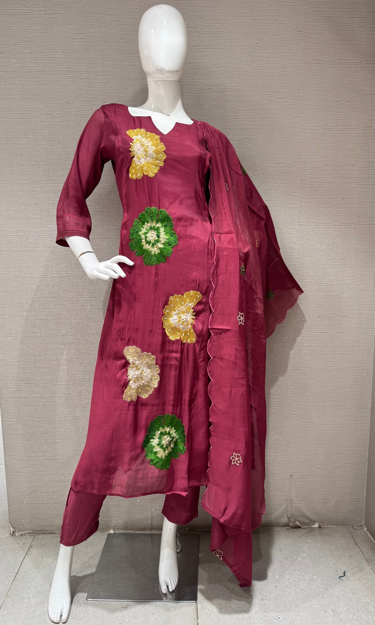 Wine cotton silk Floral Motif Kurta set with dupatta