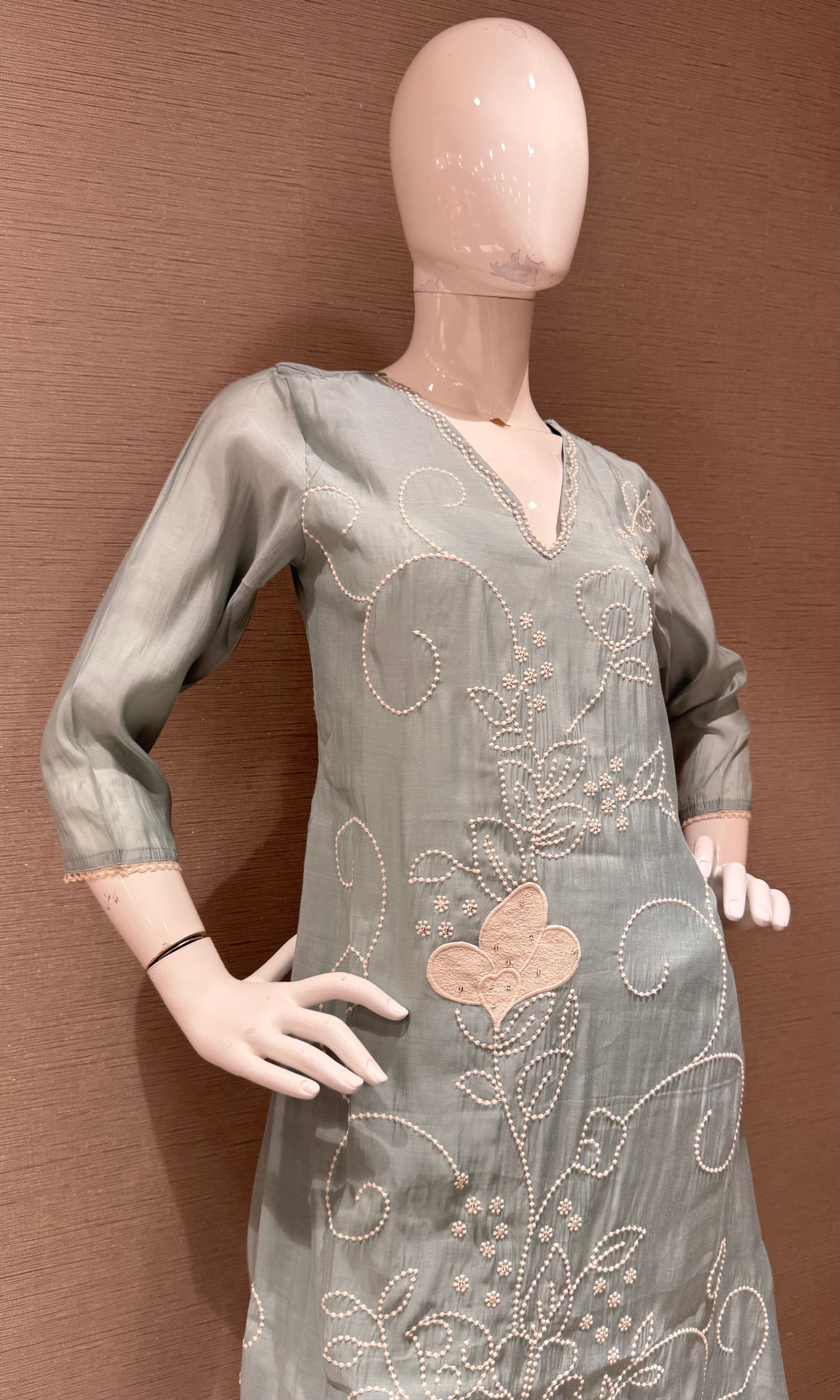 Sky Blue Cotton silk Floral Kurta set with dupatta
