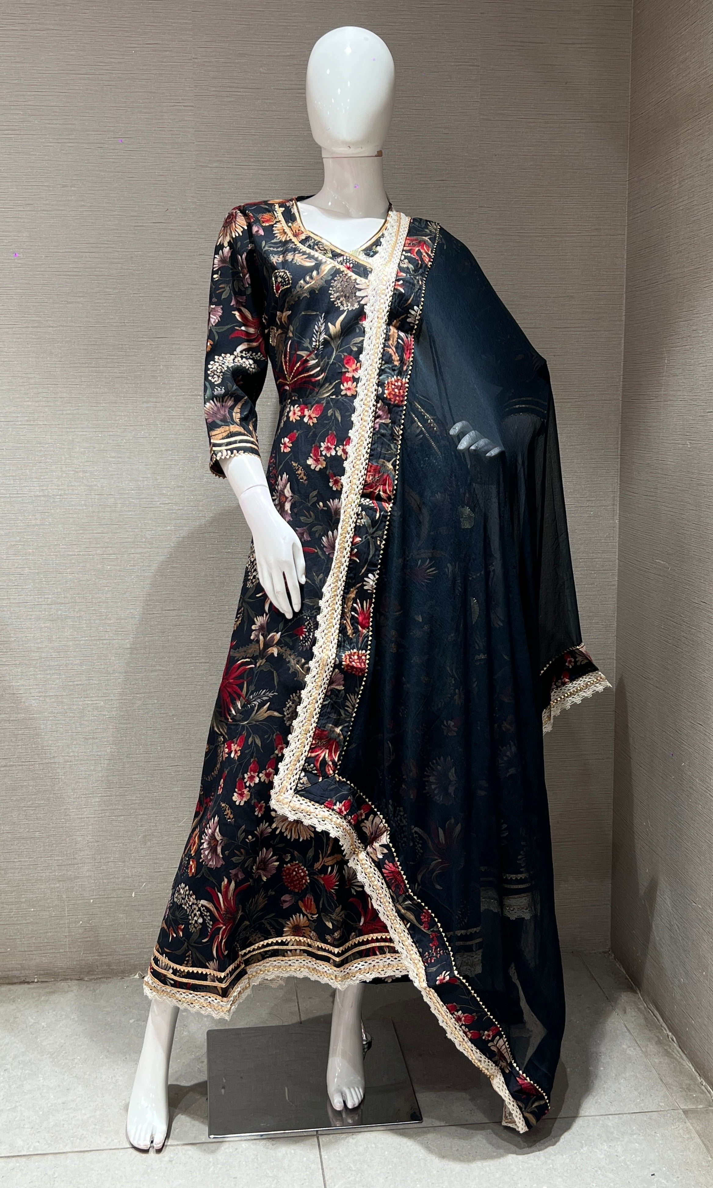 Black A LINE FLORAL kurta set