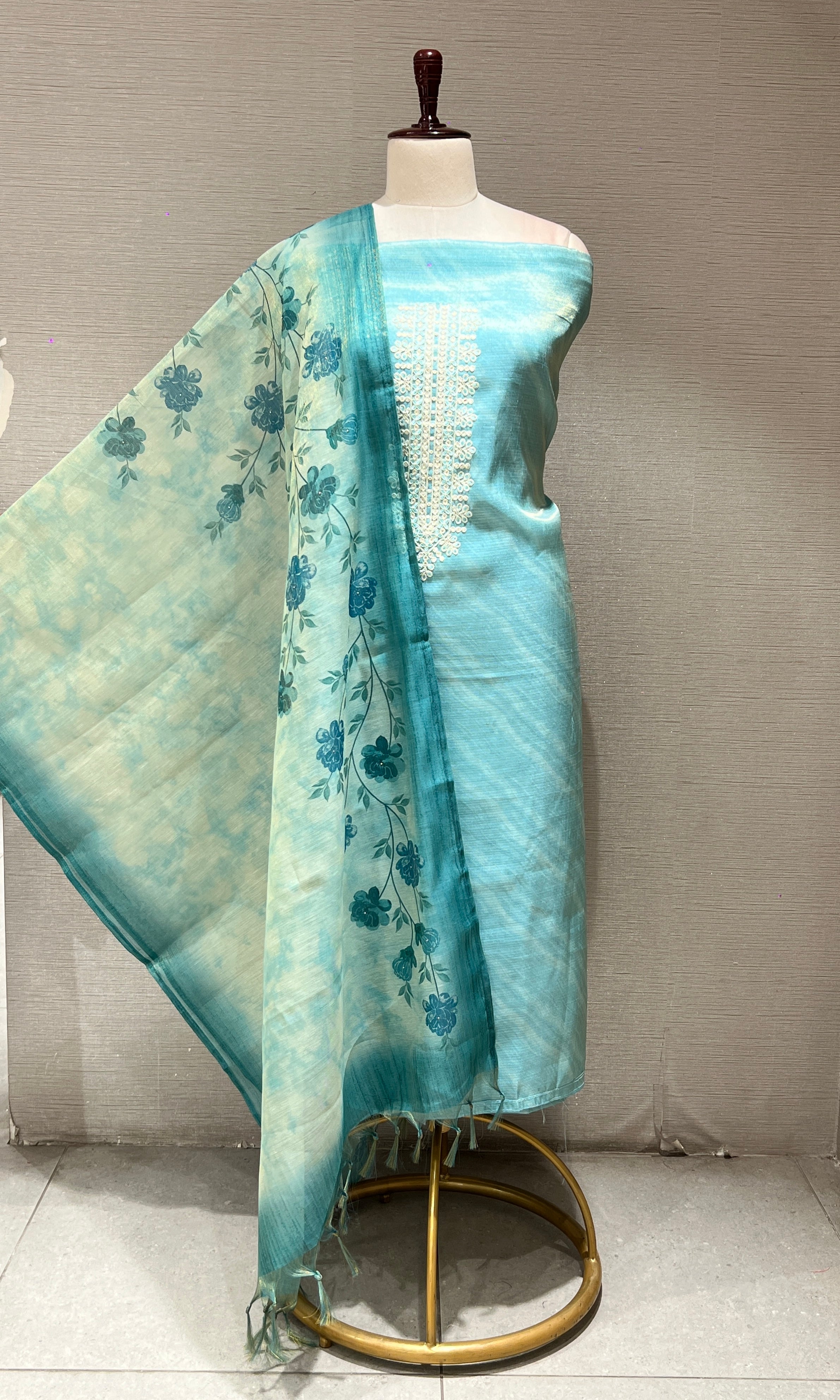 Light blue dress material WITH FLORAL DUPATTA