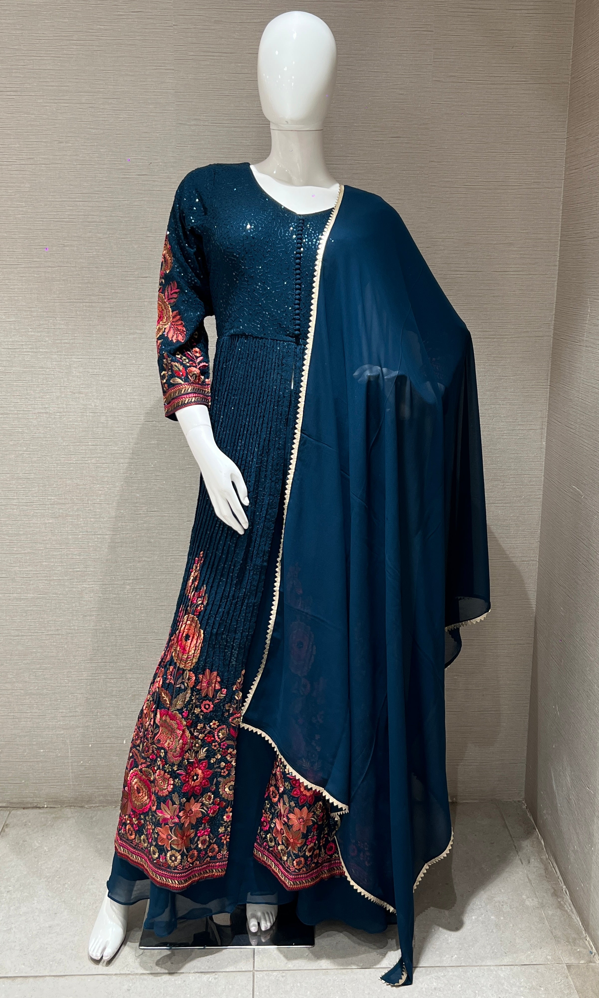 Blue Floral Anarkali With Palazoo Pants