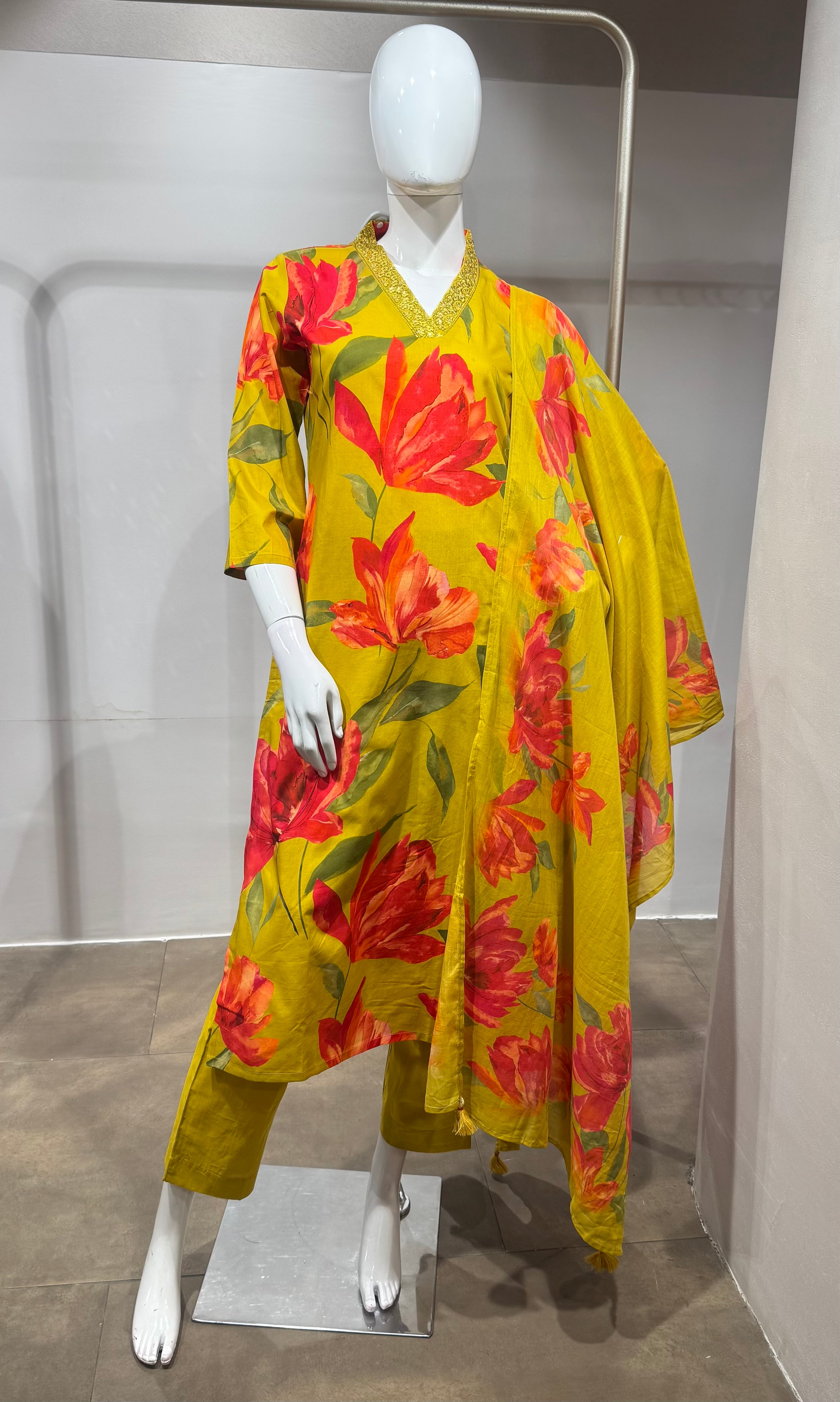 Mustard Botanical Printed Kurta Set