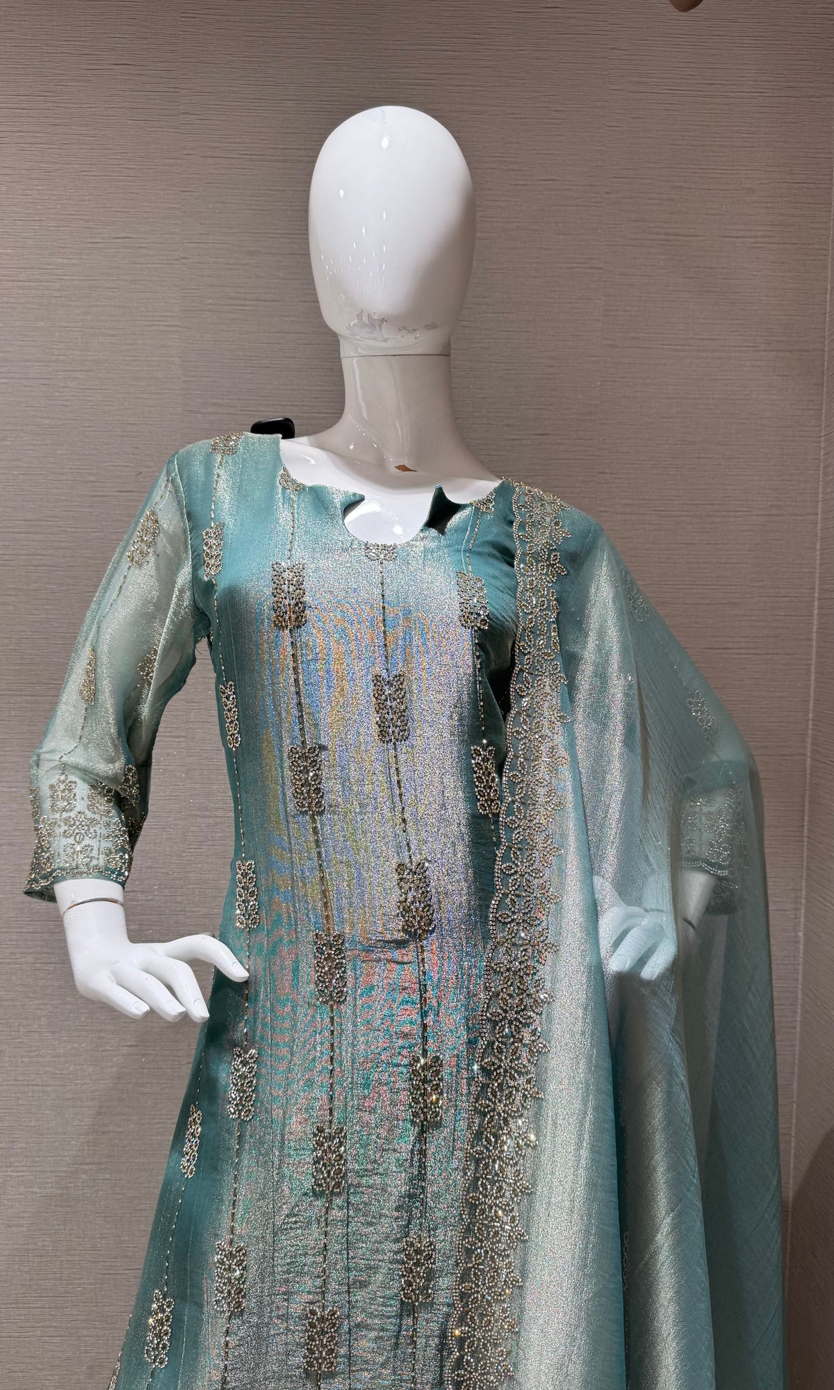 sage green tissue silk embroidered kurta set