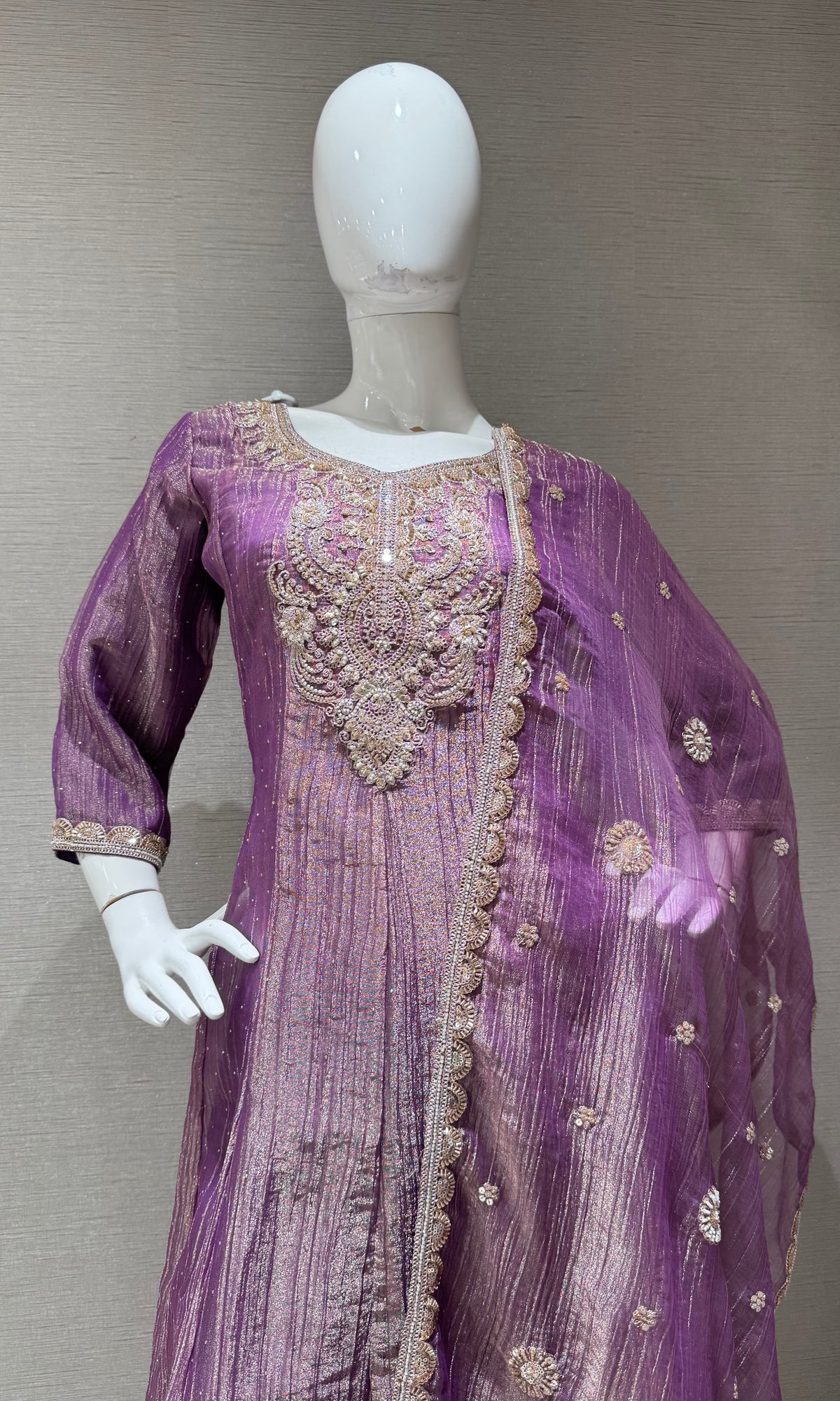 PURPLE TISSUE SILK EMBROIDERED ANARKALI SET WITH DUPATTA