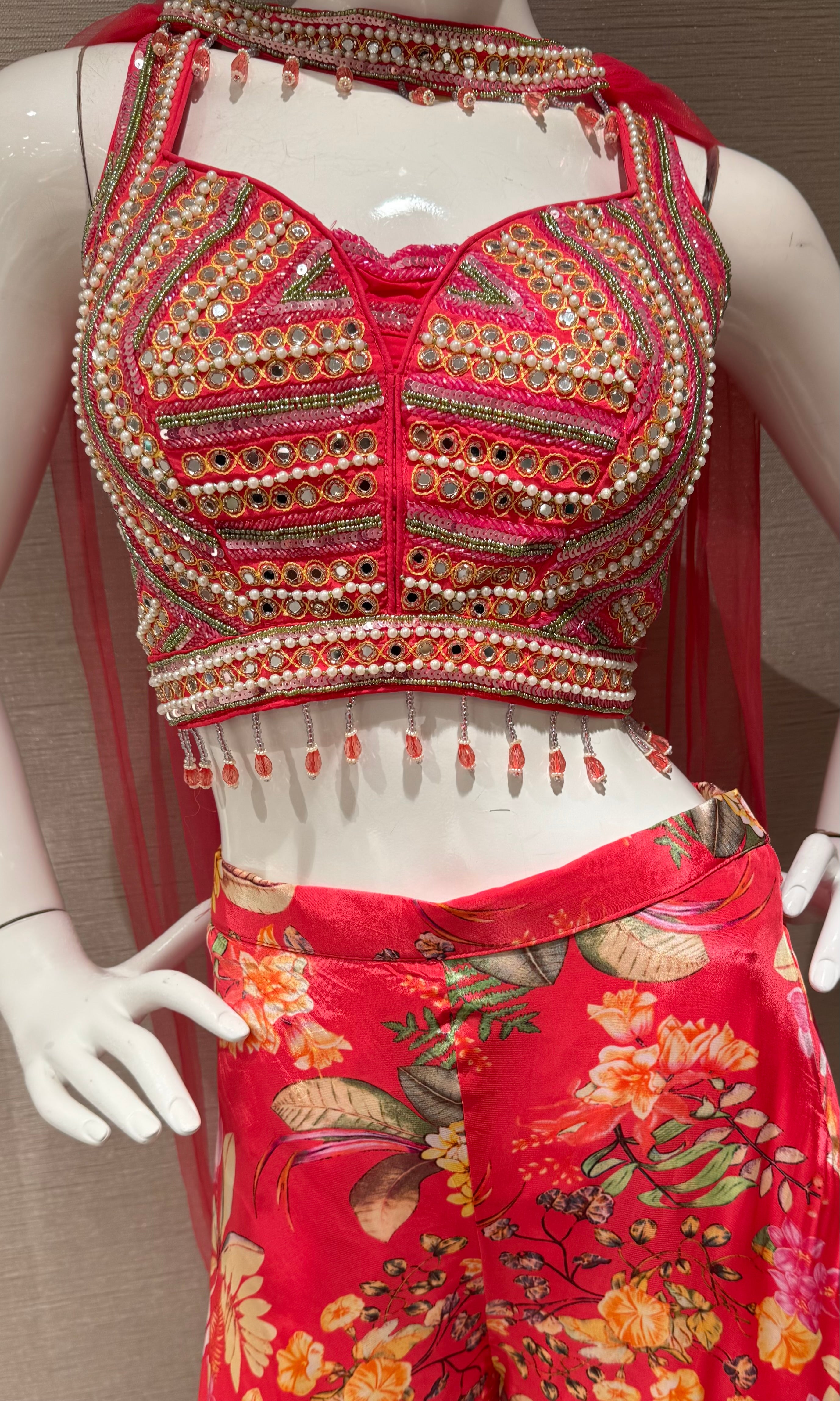 Pink Embroidered crop top palazzo set