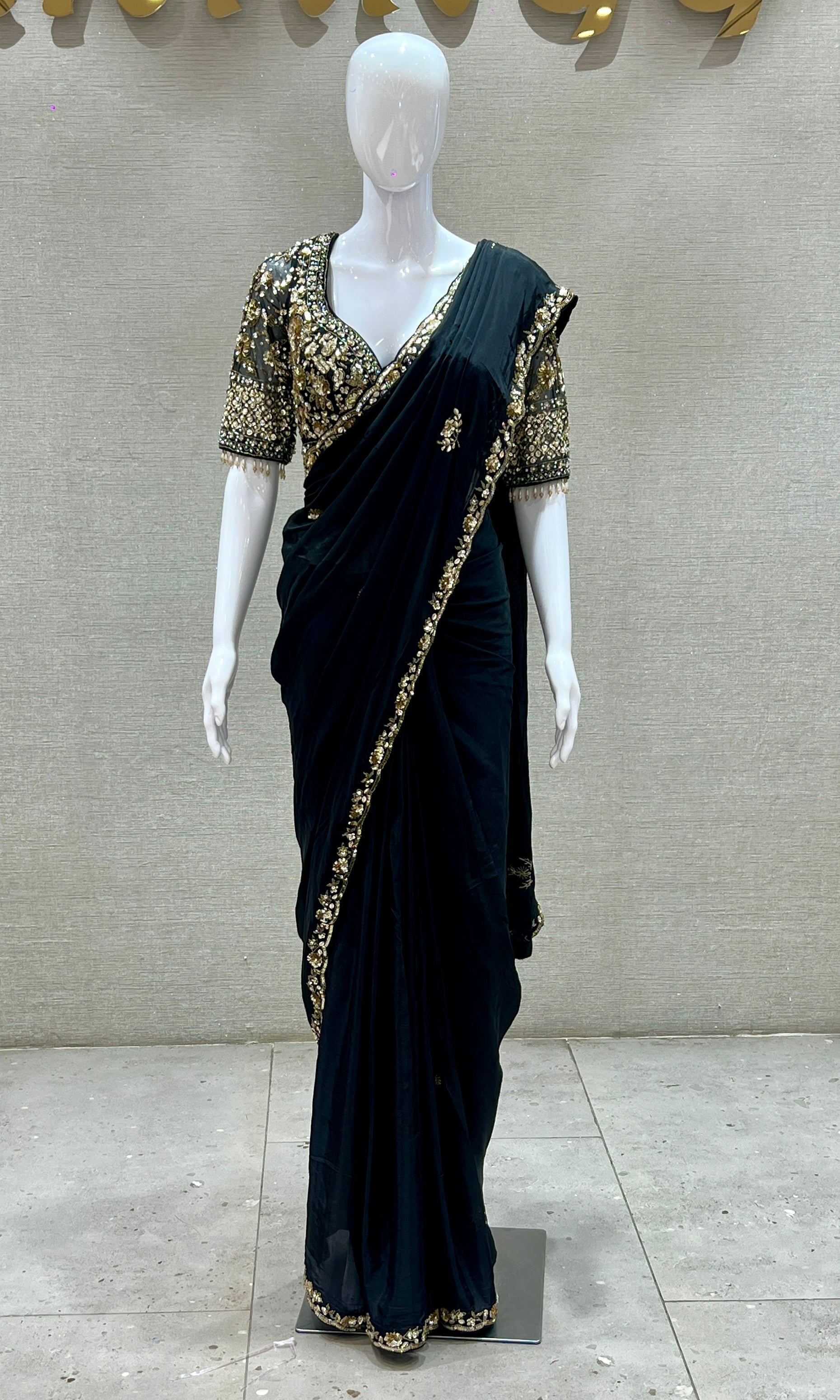 Black saree with ready blouse