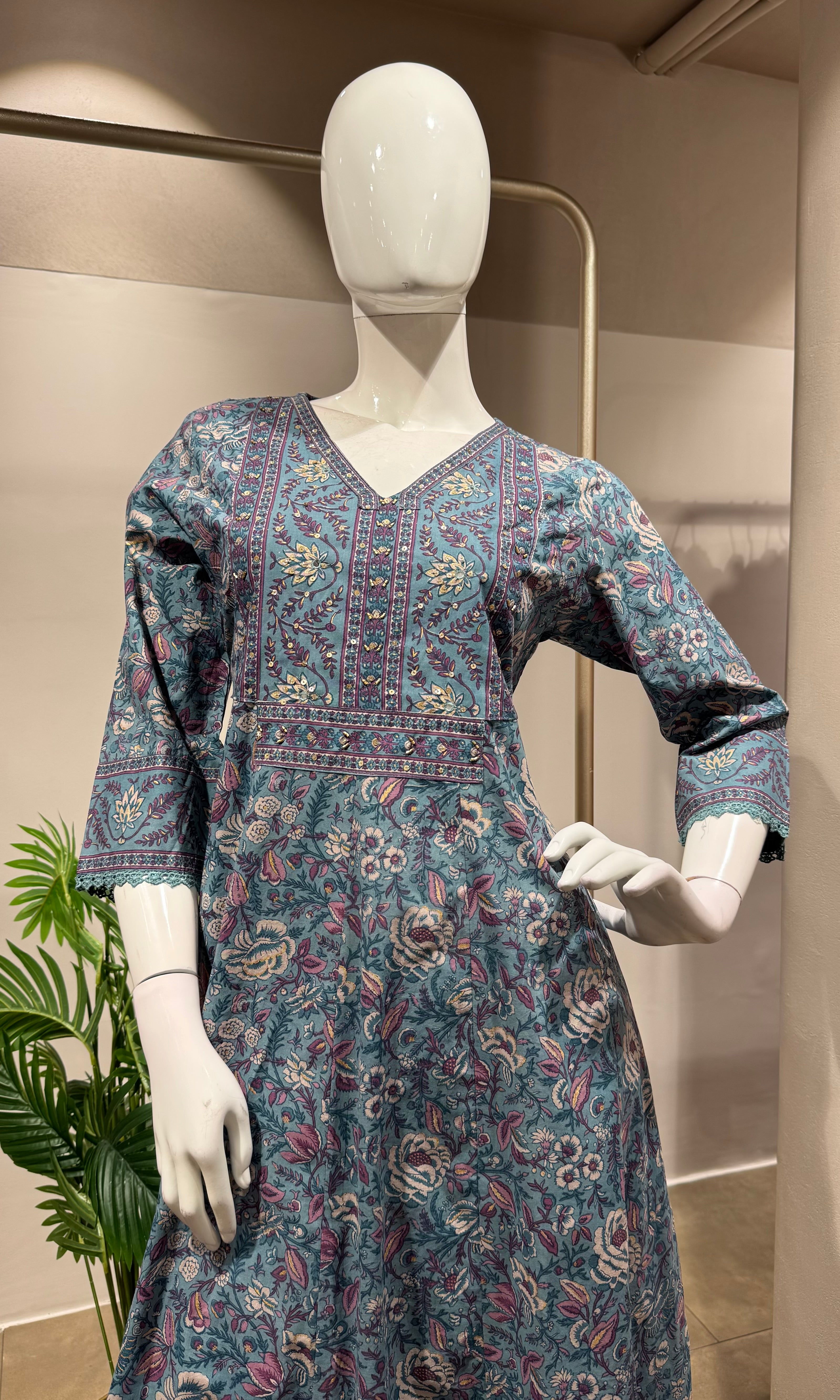 Blue Printed Pure Cotton Anarkali Kurta Set