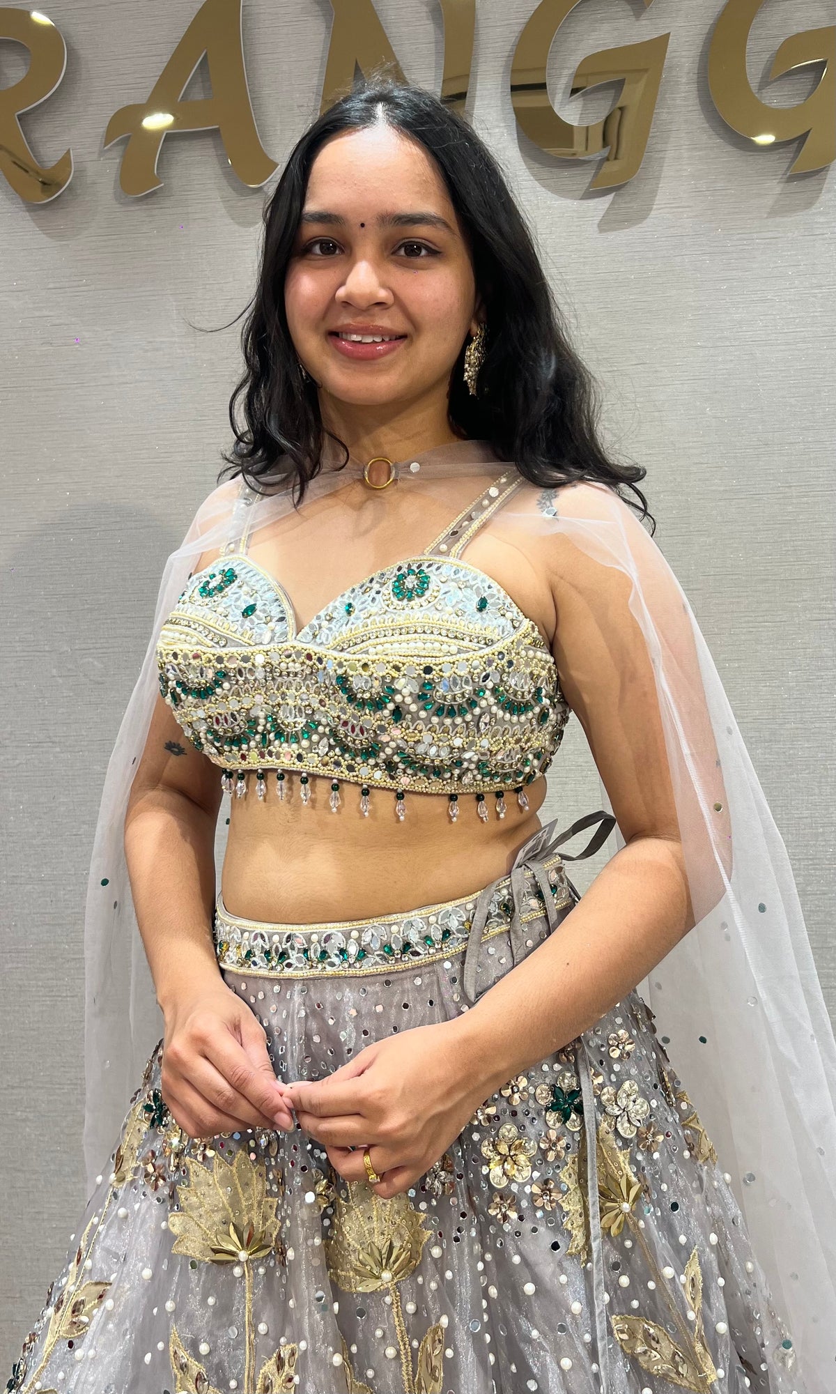grey and gold soft net Crystal pastel bridal lehenga set