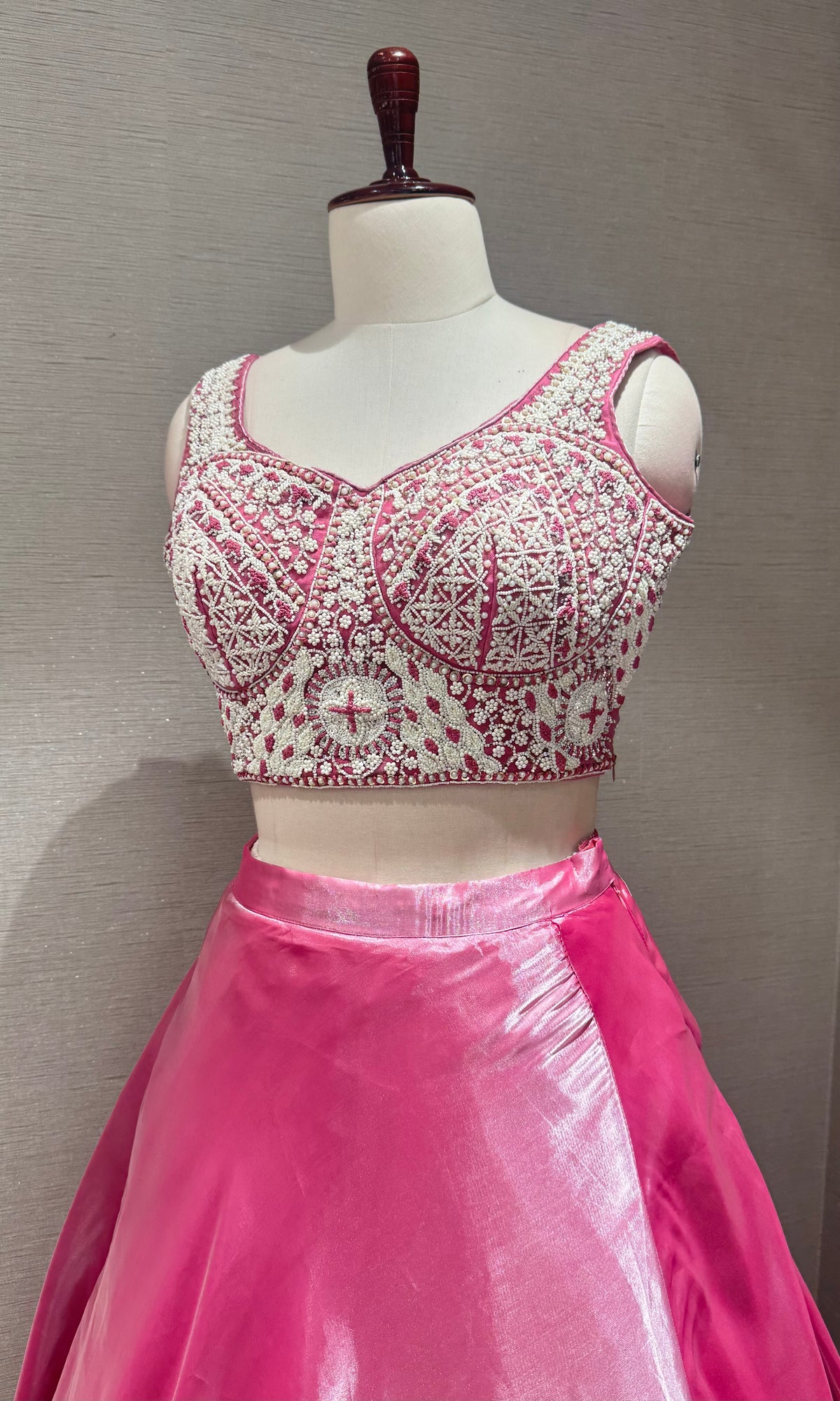 Fuchsia Pink Satin Floral Lehenga set with Sheer Cape Sleeves