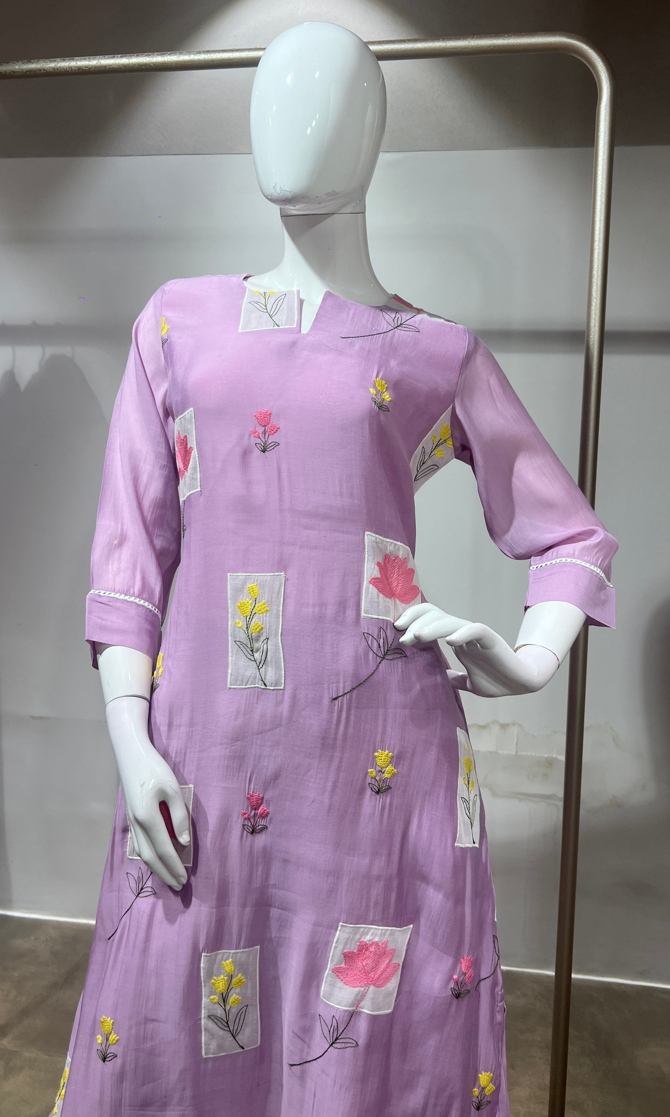 Lavender Patchwork Embroidered Kurta Set with Dupatta
