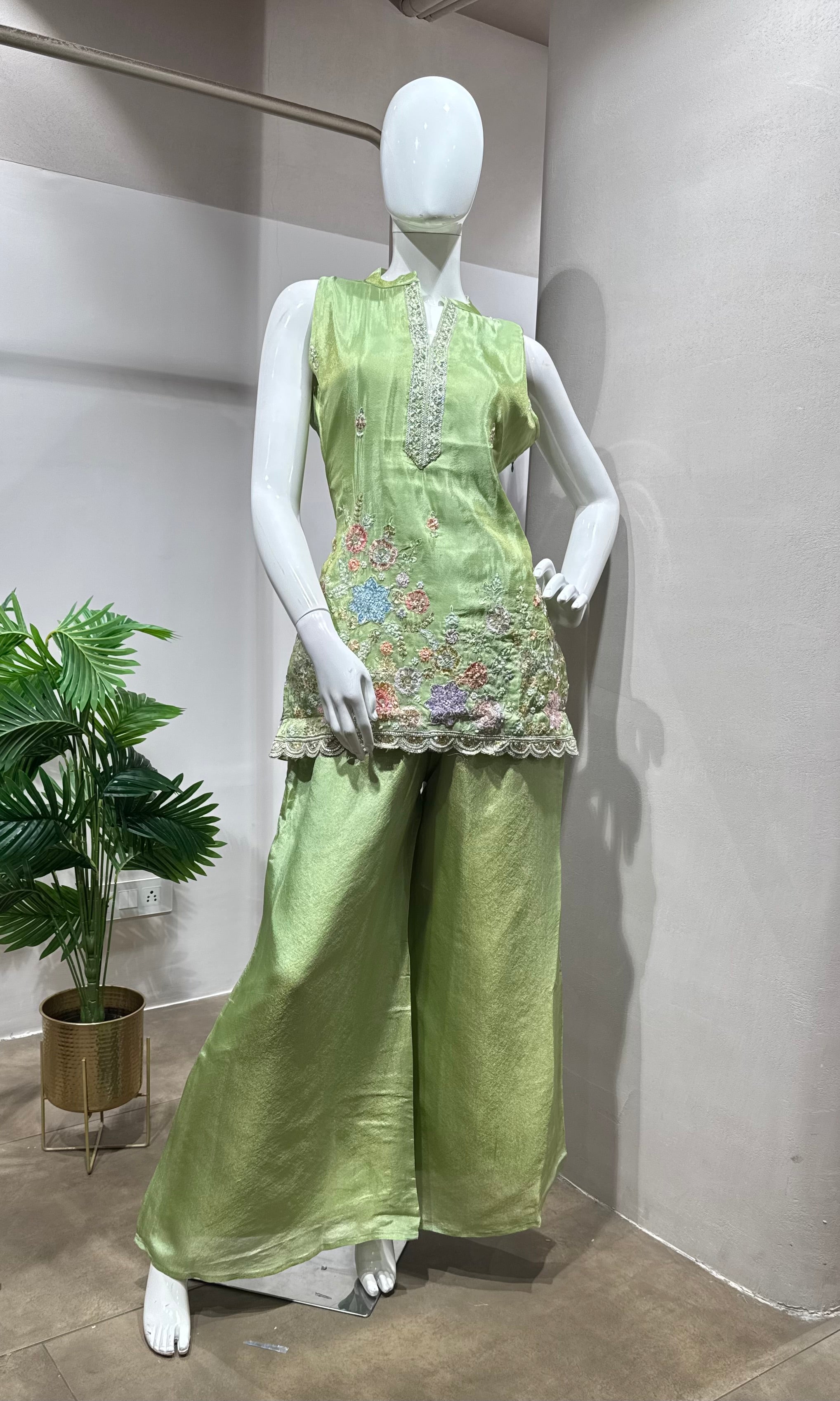 pista green floral embroidered sharara set