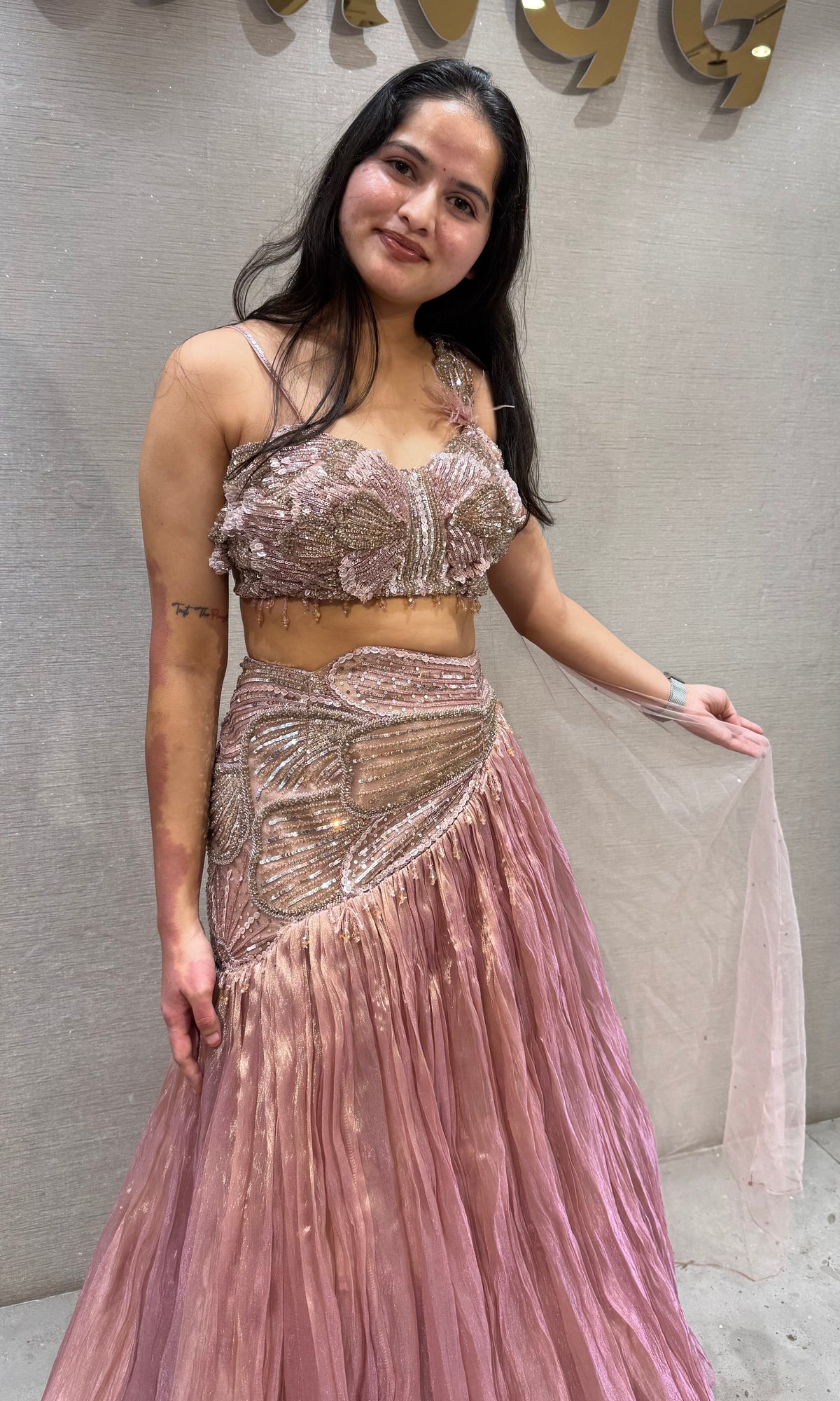 Blush Pink Embellished Tissue Lehenga Set