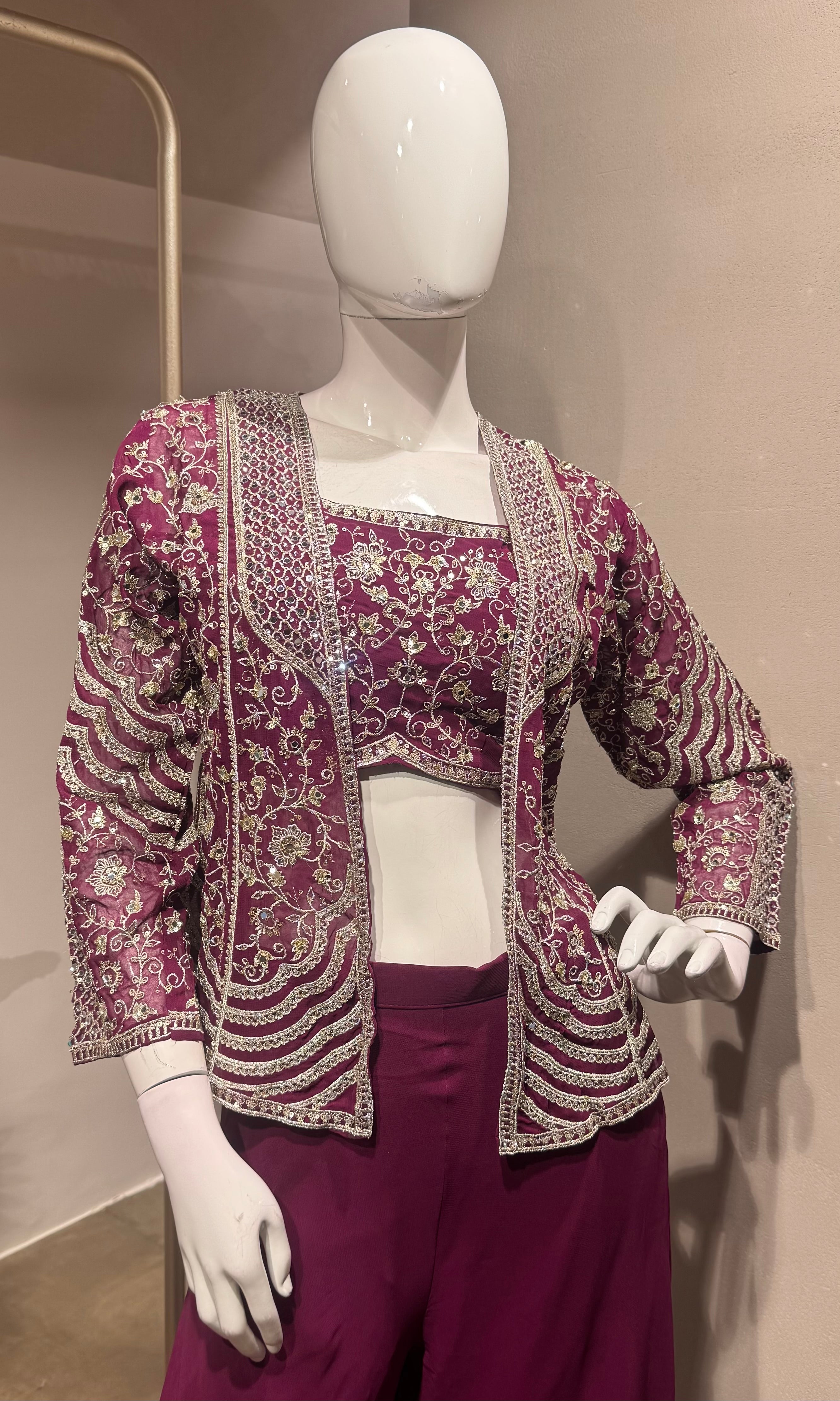 Wine Embroidered Jacket Palazzo Set