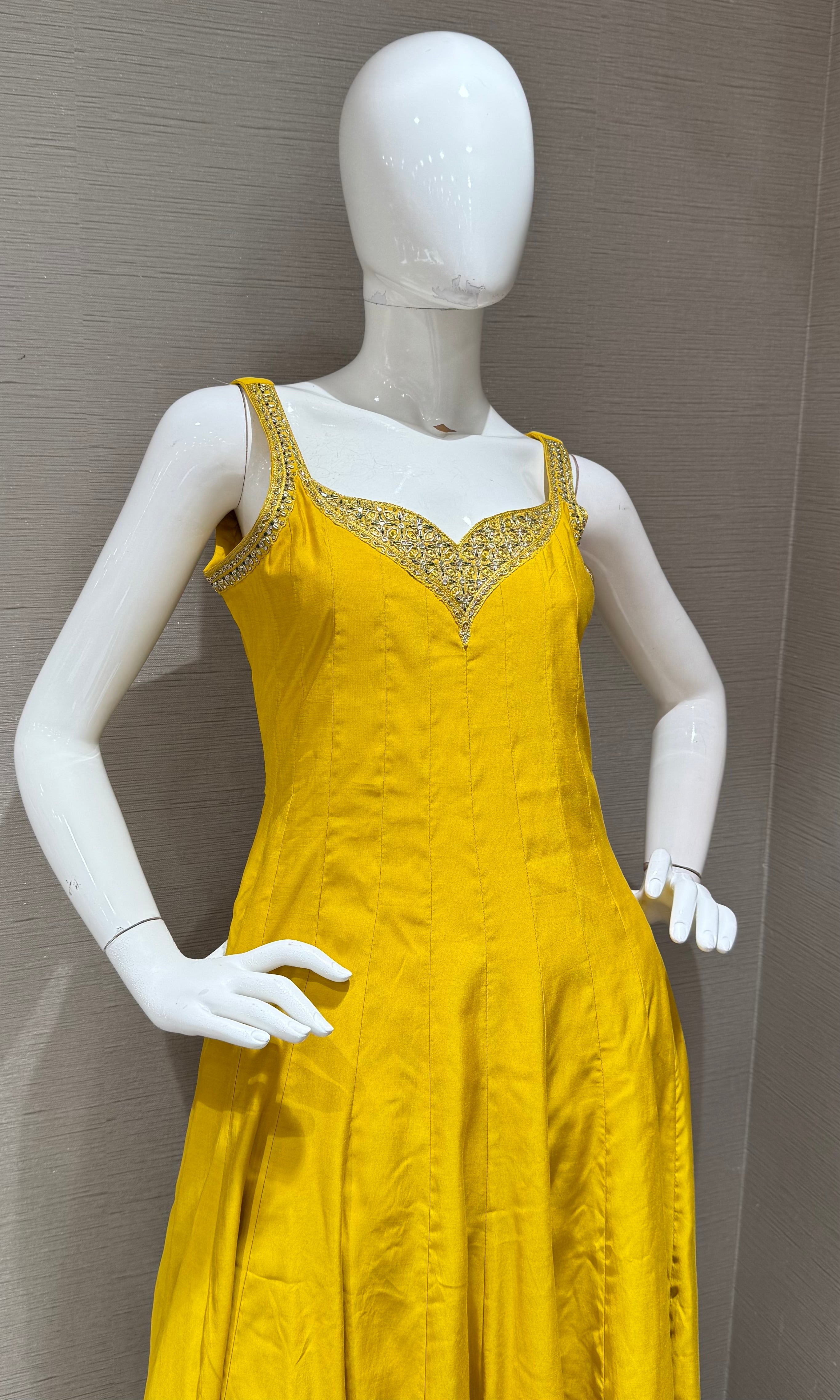 Yellow Silk Anarkali set with Contrast Green Dupatta