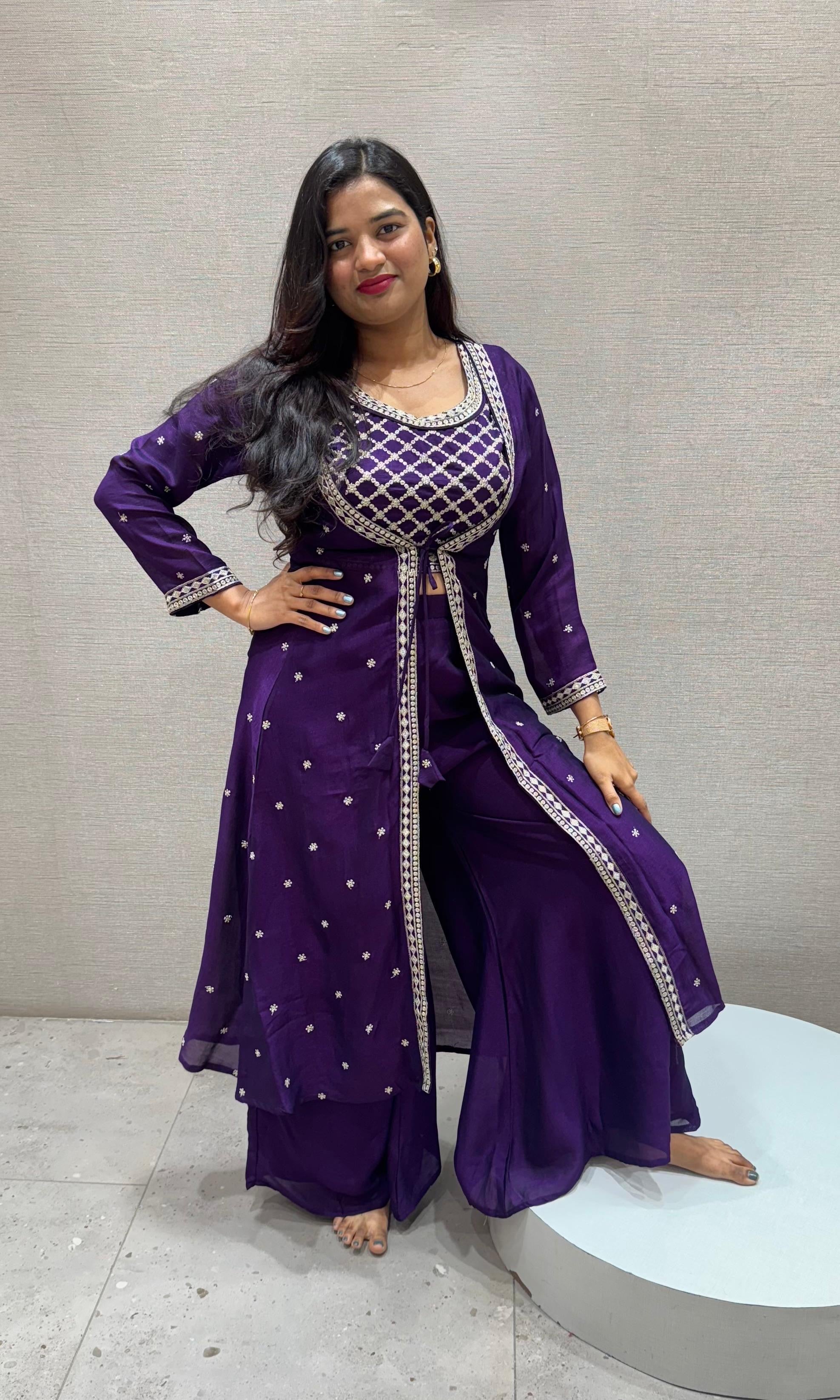 PURPLE EMBROIDERED JACKET STYLE PALAZZO