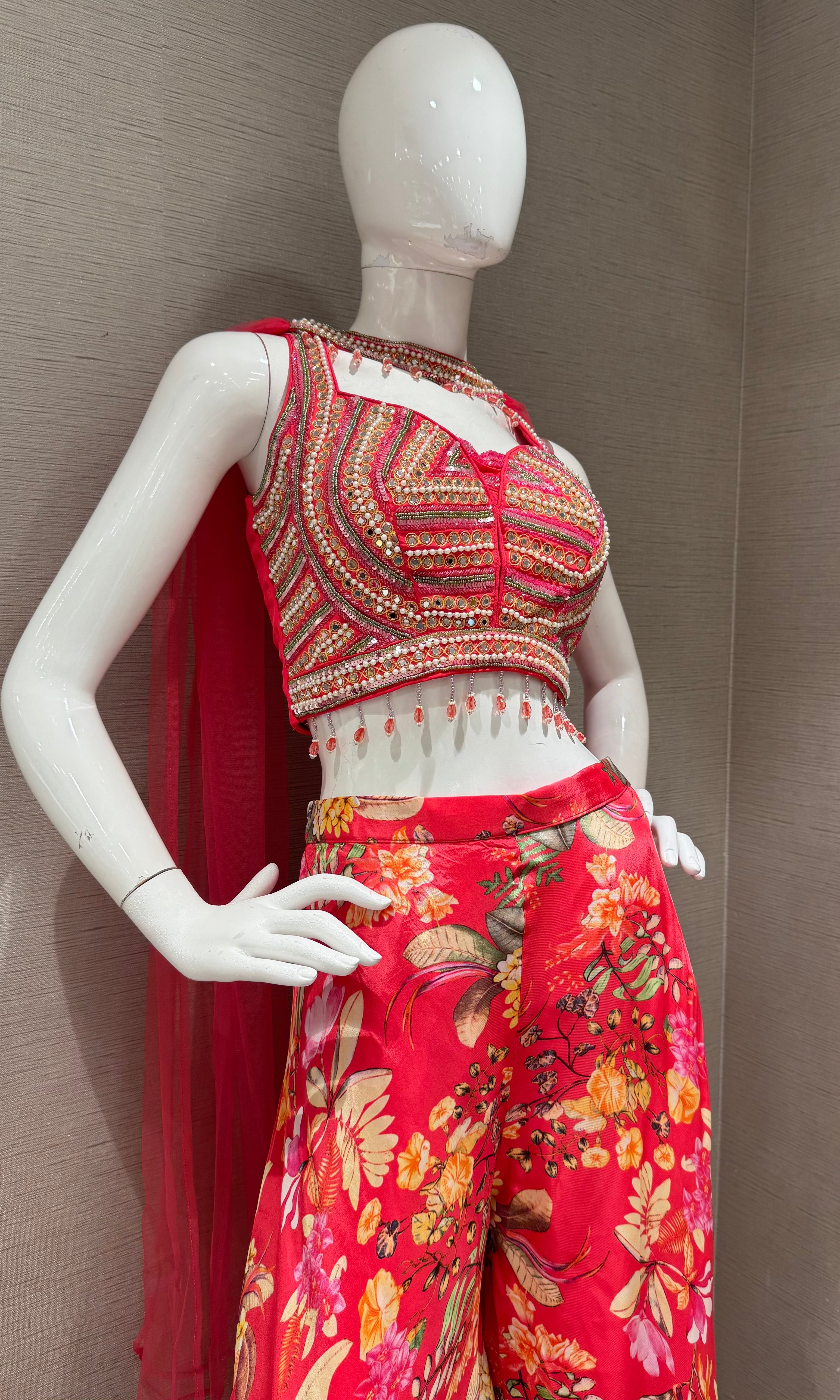 Pink Embroidered crop top palazzo set