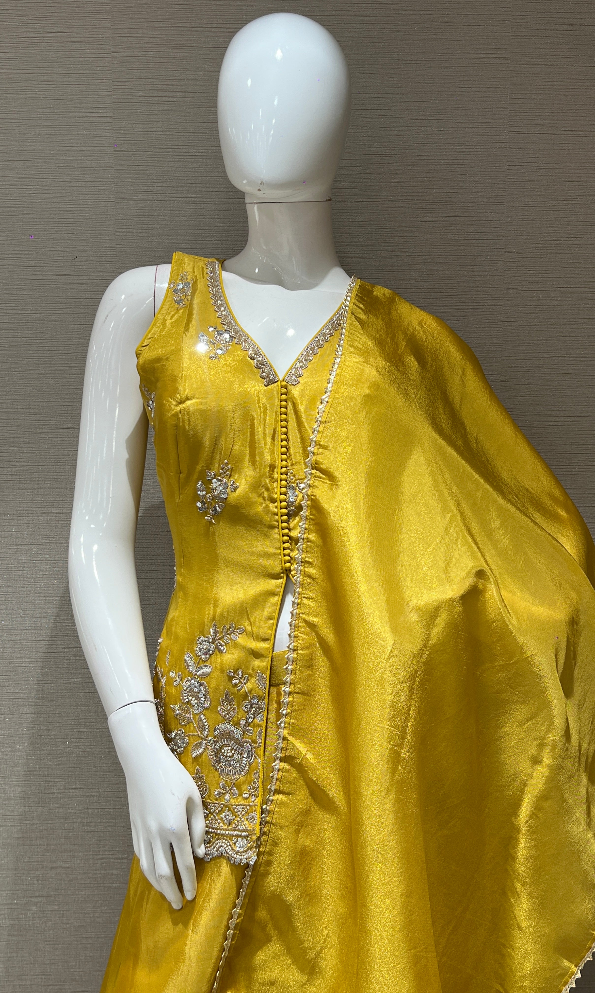 golden Yellow shimmer tissue palazzo with intricate embroidery