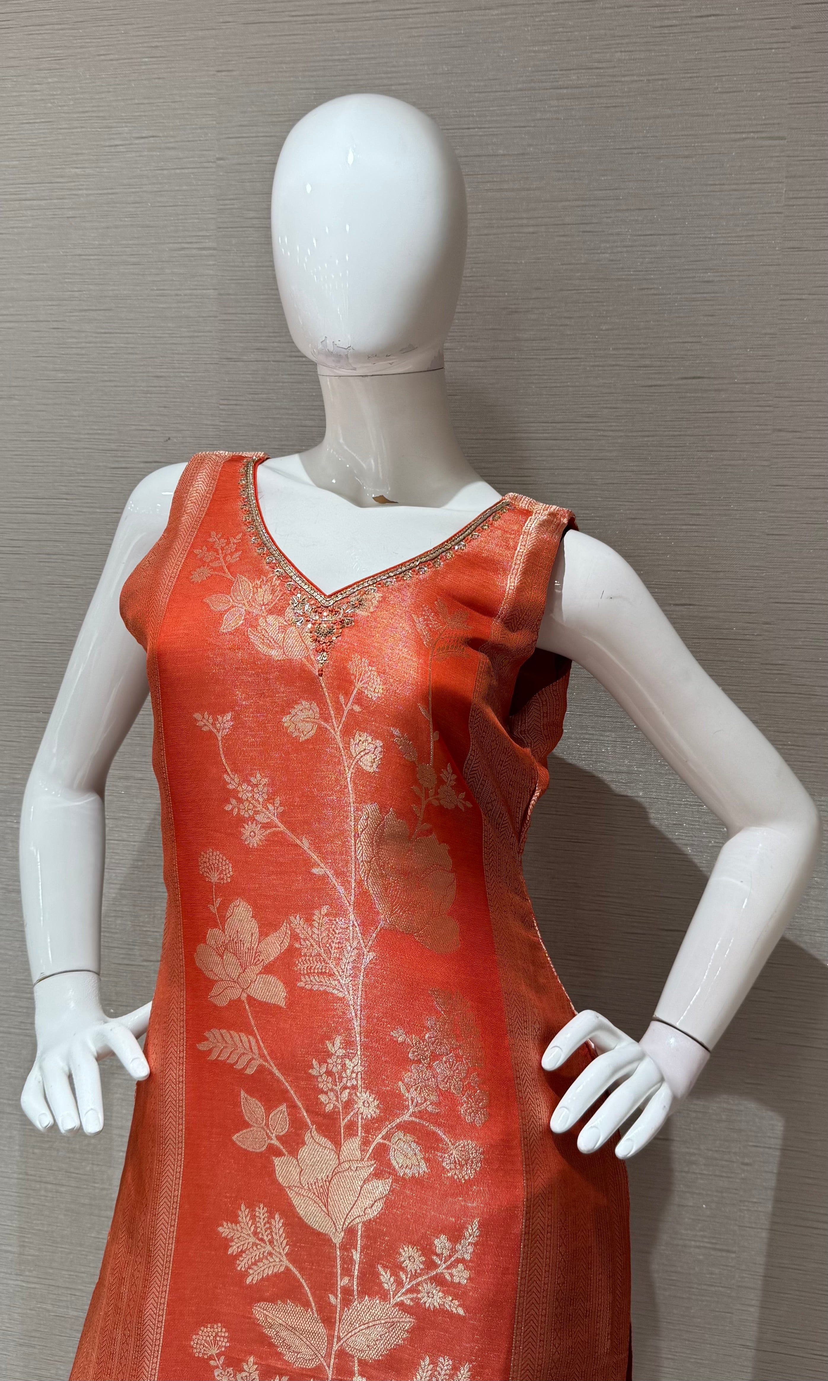 Orange golden floral Brocade Kurta Set